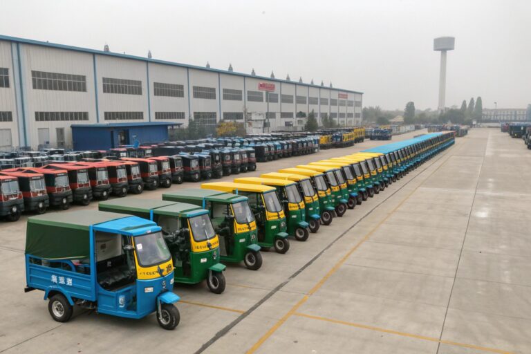 a factory yard in china with rows of brand new ele