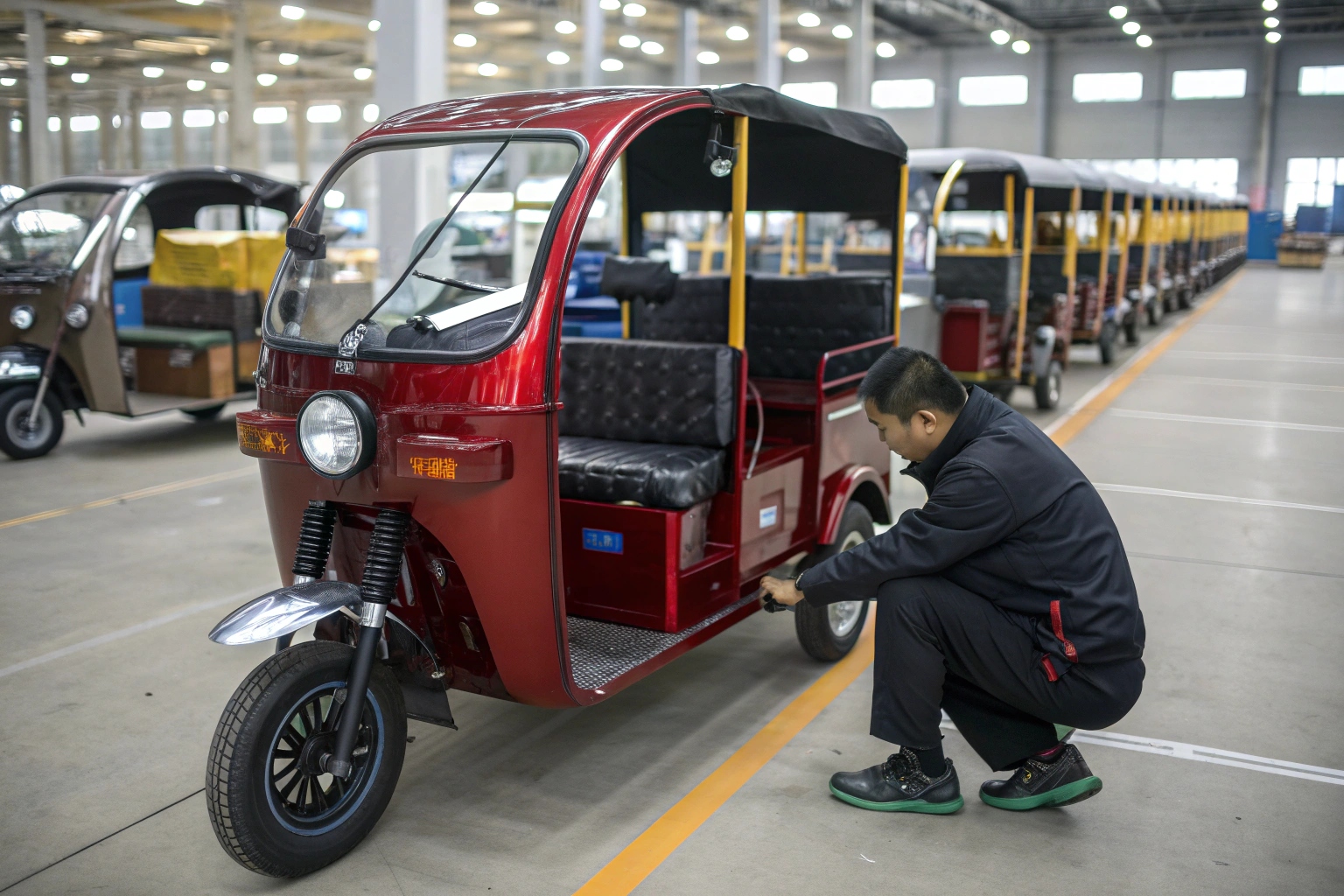 a warehouse with organized shelves of electric tuk tuk spare parts