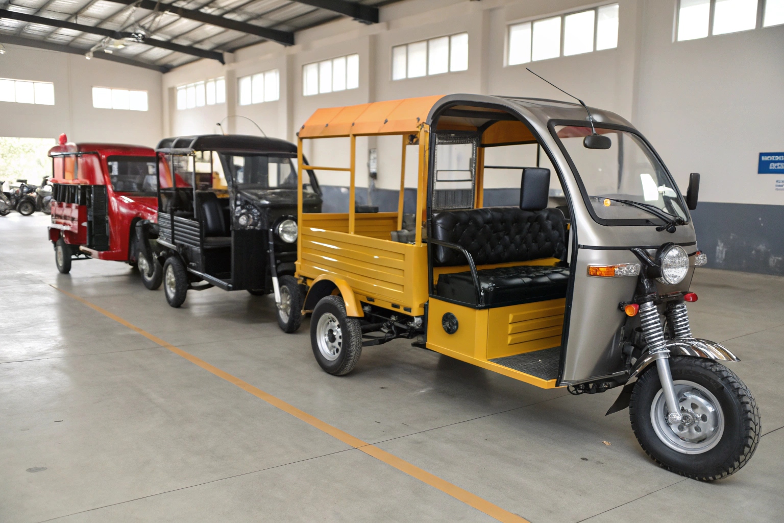 Different types of electric tricycles like cargo, passenger, and tuk tuk taxi