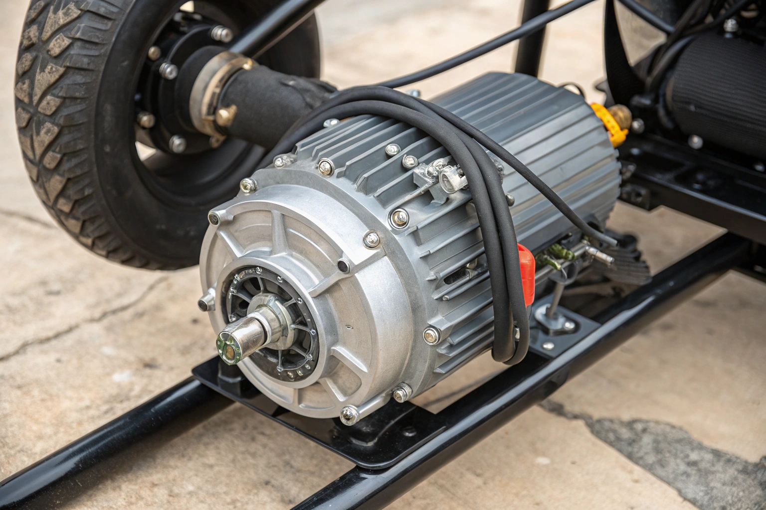 A powerful motor for an electric tricycle being inspected