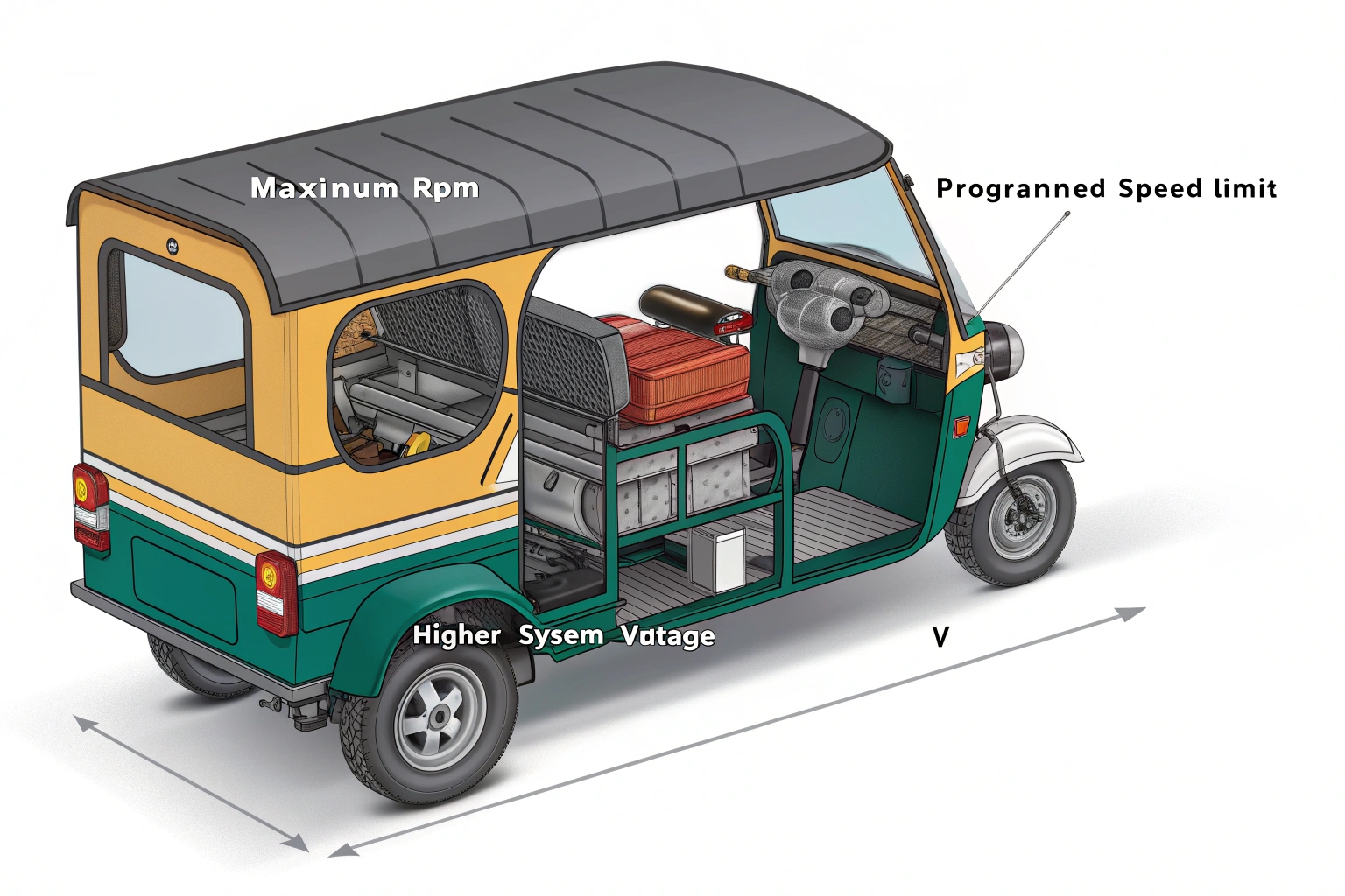 A close-up of an electric tuk-tuk motor, controller, and rear axle system