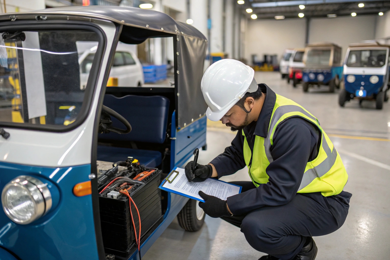 a third-party inspector checking an electric tricycle in a chinese factory