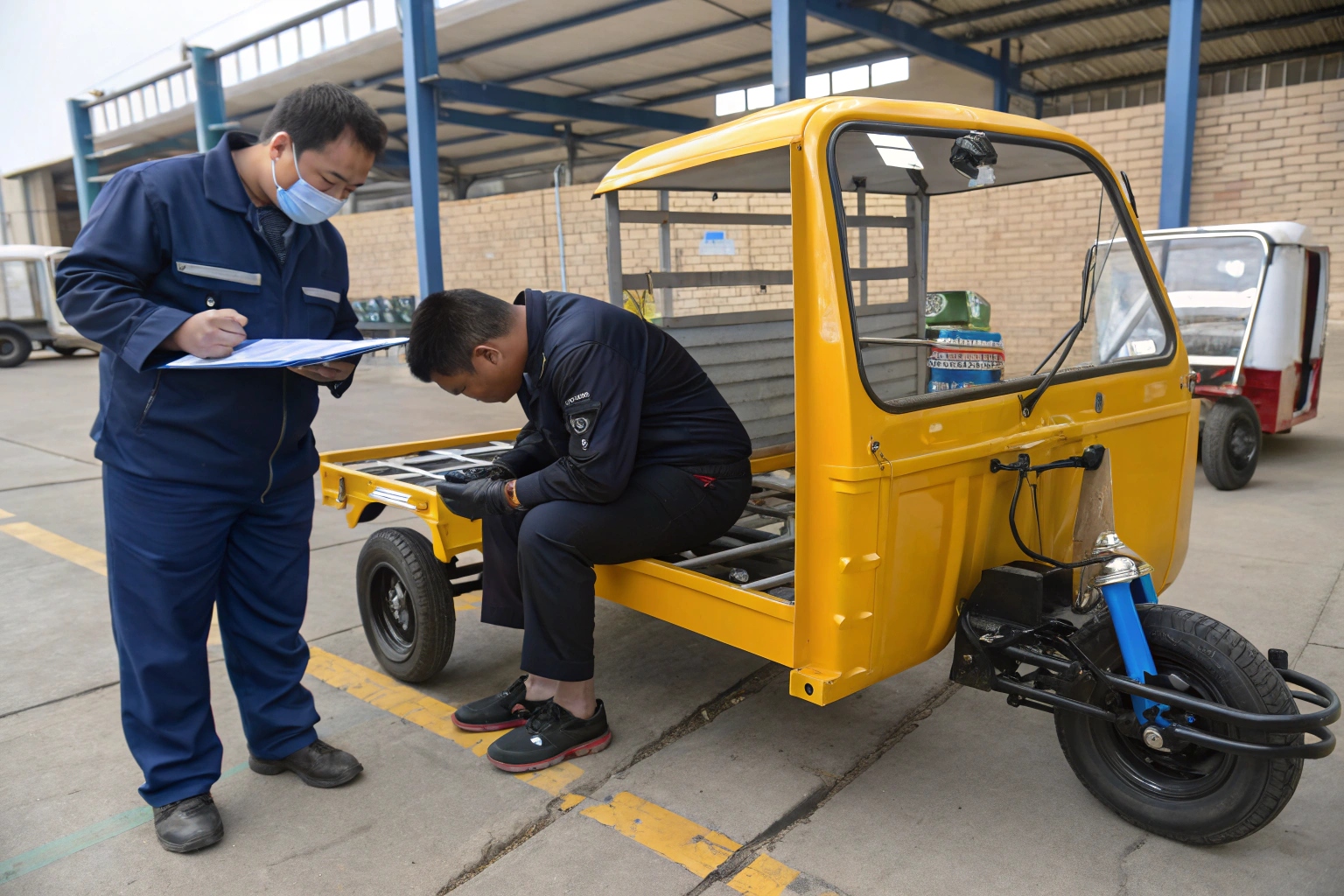 an inspection checklist with items like 'Battery Capacity' and 'Weld Quality'