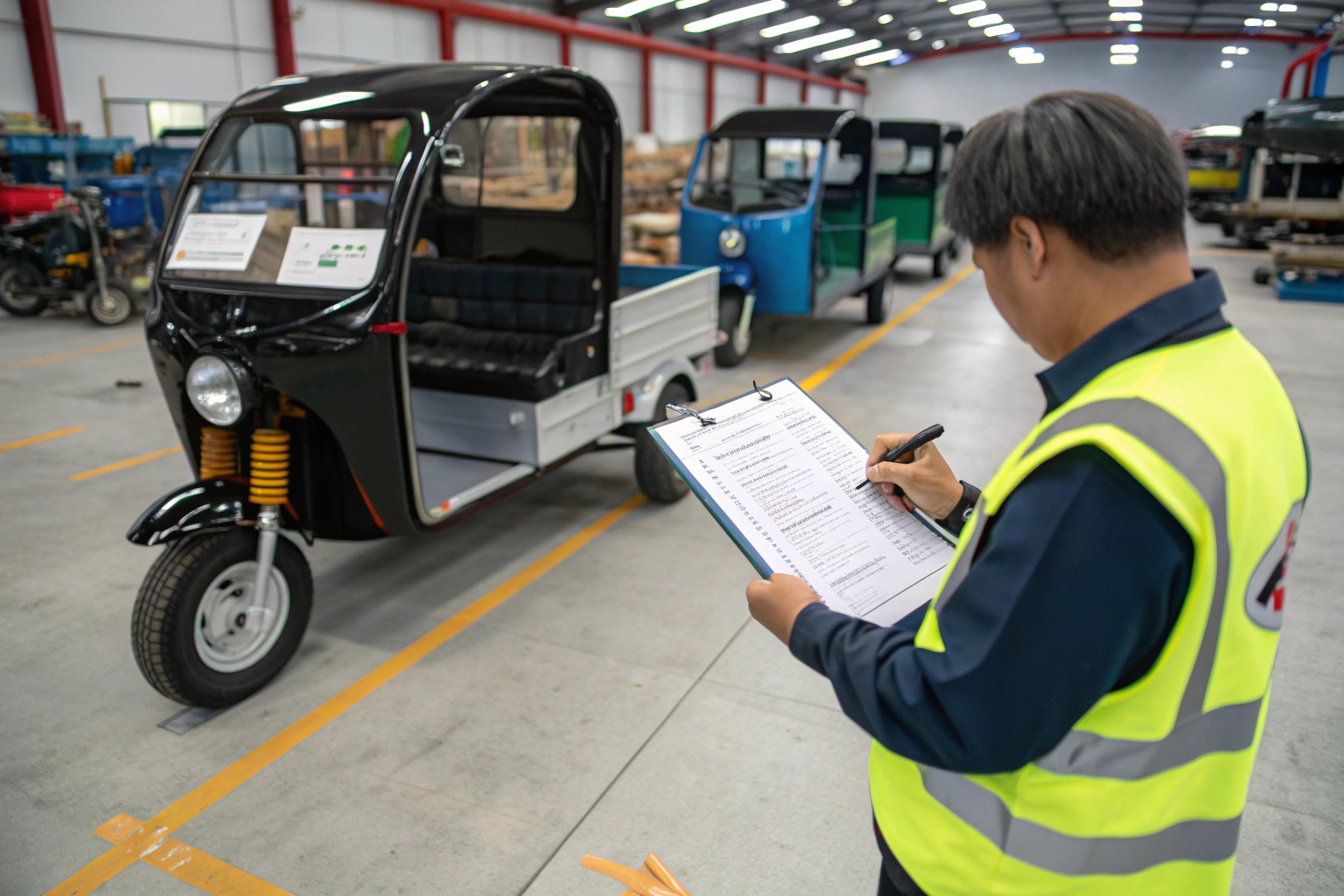 close-up of an inspector examining the motor of an electric 3 wheeler