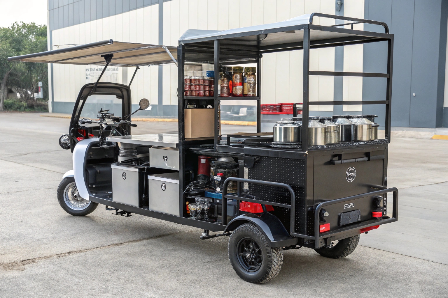 a custom electric tricycle coffee cart serving customers in a park