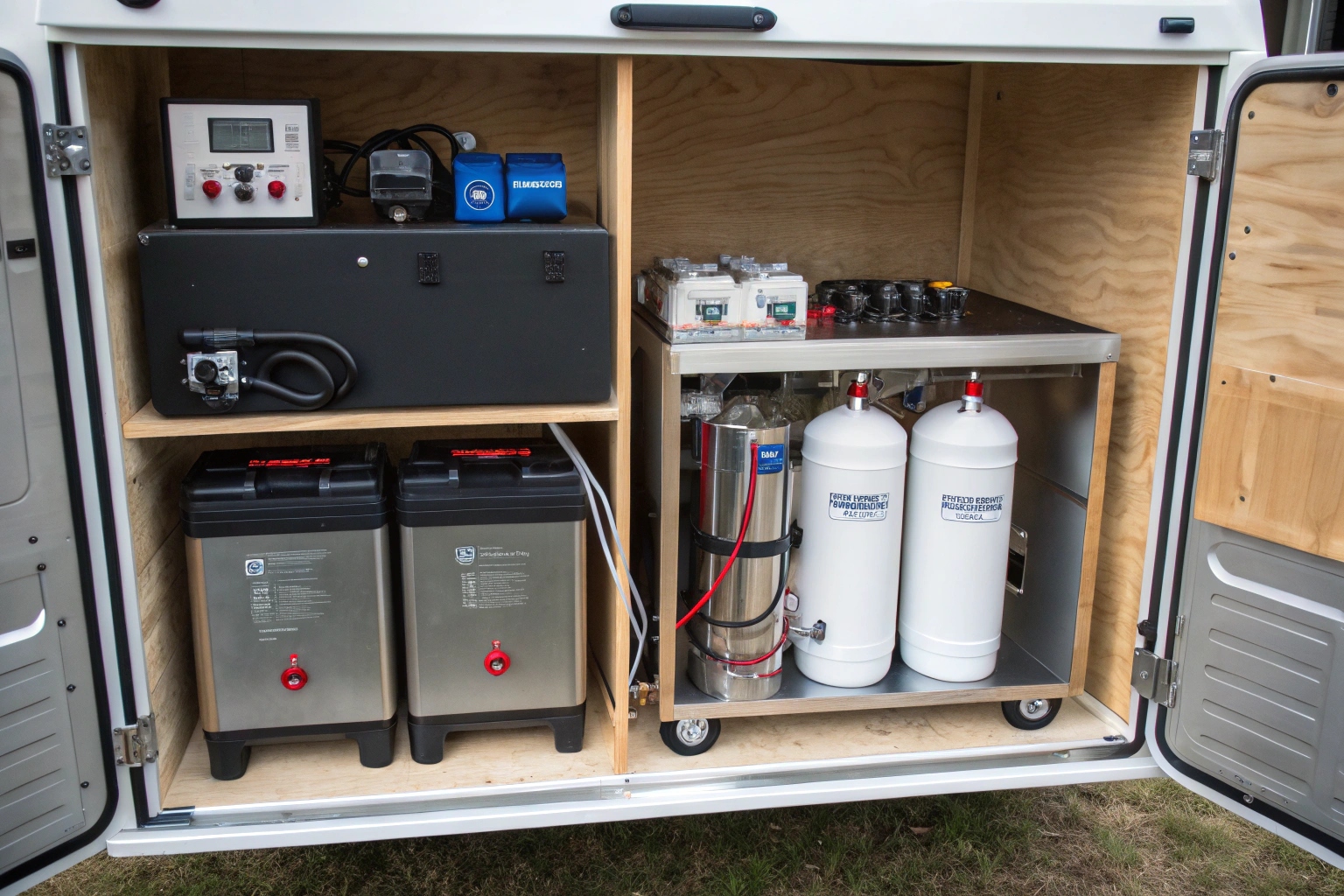 a close-up of a compact sink and water pump system on a food trike