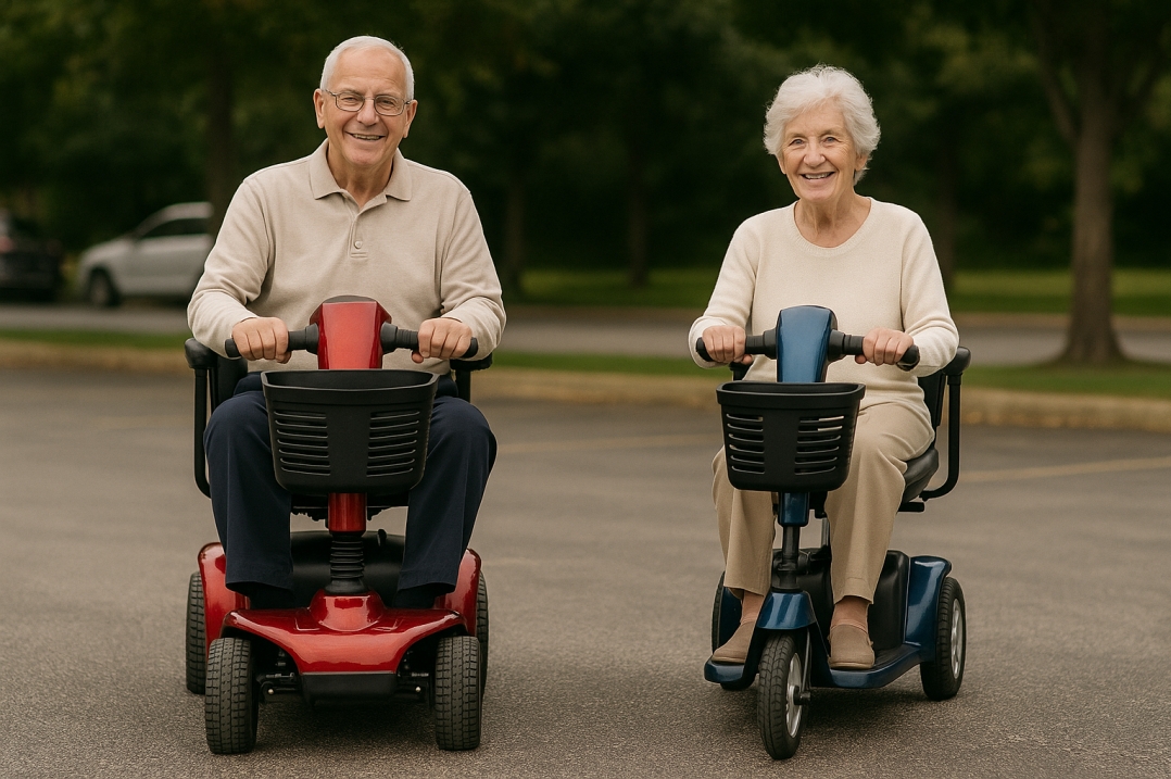 a 4-wheel scooter on a park path and a 3-wheel scooter navigating a narrow aisle in a store