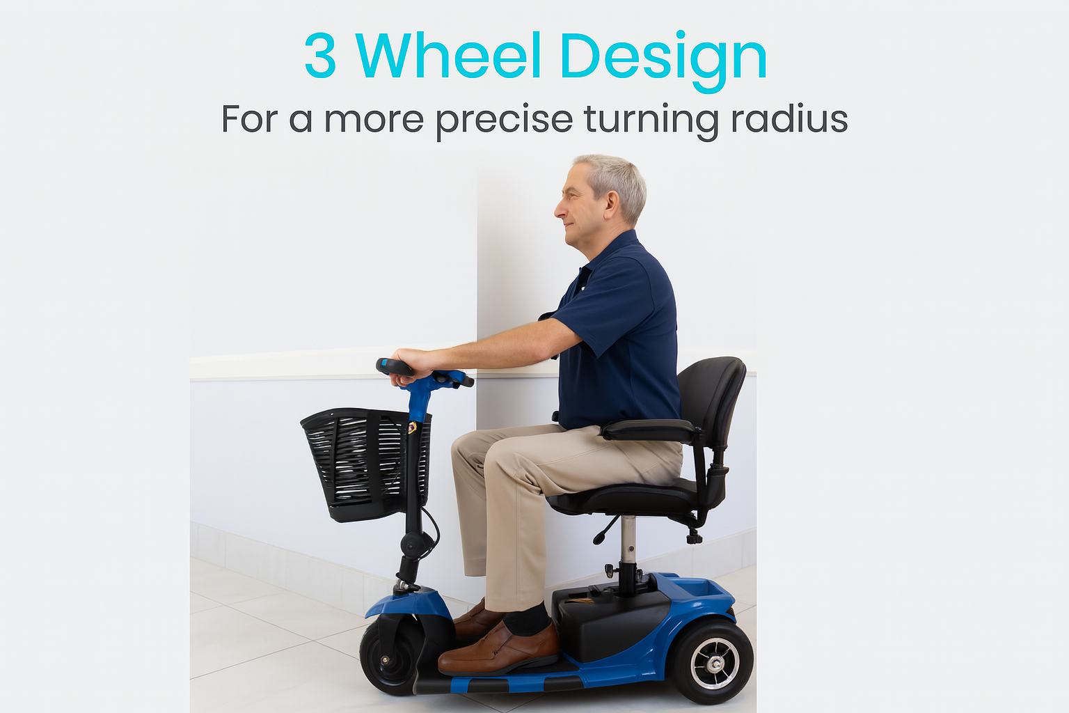 A three-wheel mobility scooter making a sharp turn in a narrow store aisle