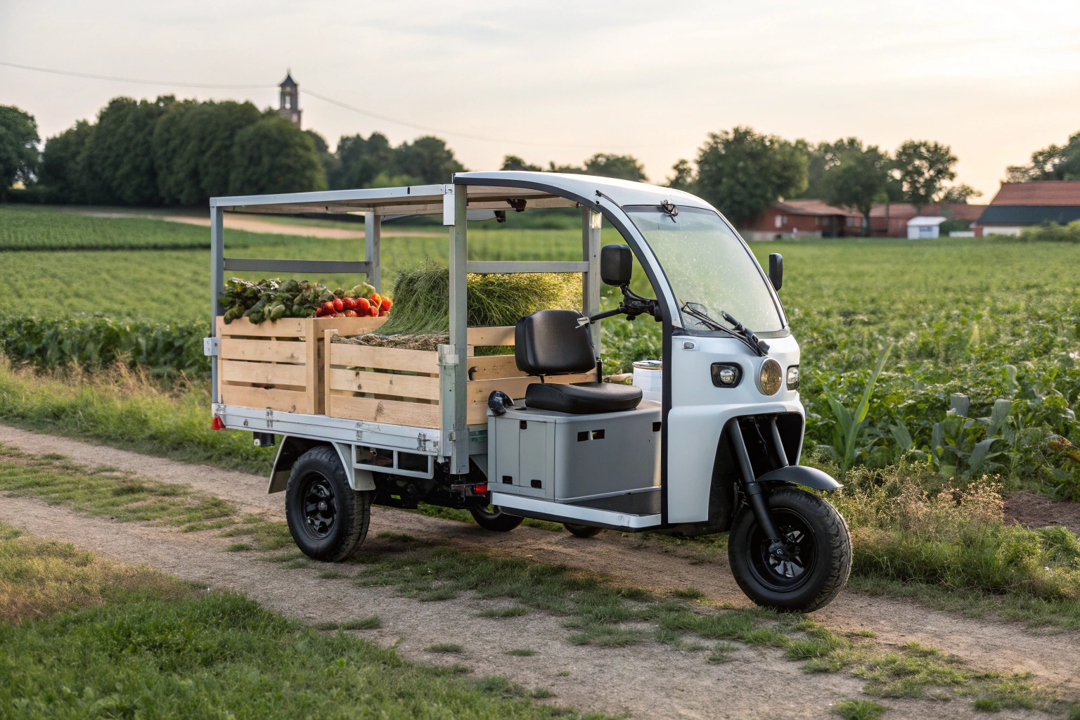 A farmer smiles while driving a silent electric tricycle through a field, passing a herd of calm-looking dairy cows.