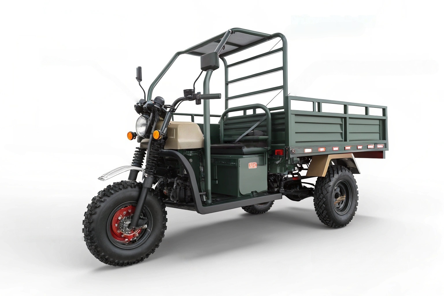 A close-up shot of the thick, welded steel frame and rugged off-road tire of an electric farm tricycle.