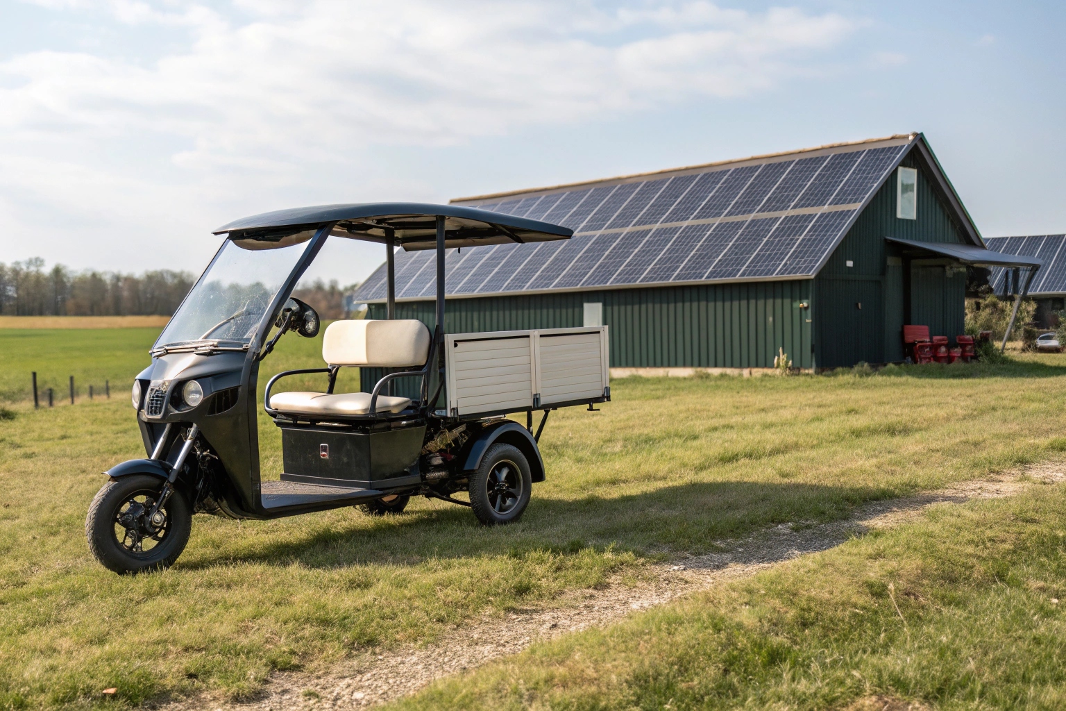 An electric farm tricycle charging from a solar panel on a barn roof, with lush green fields in the background.