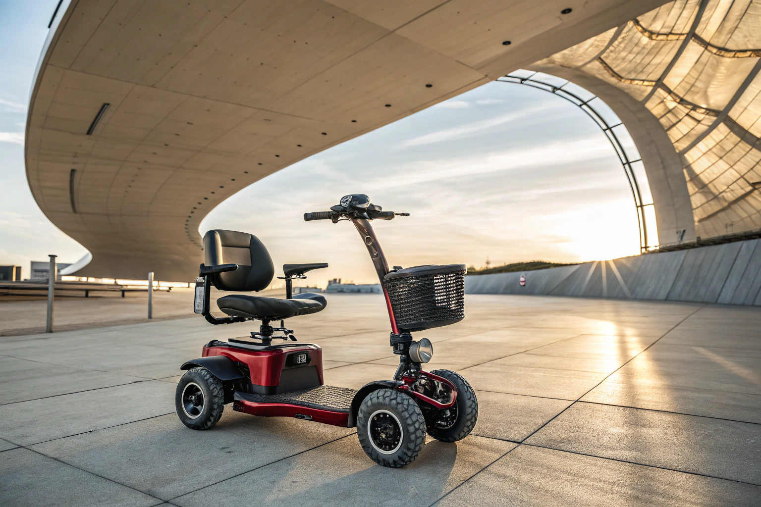 A senior citizen safely using a 4-wheel mobility scooter in a community