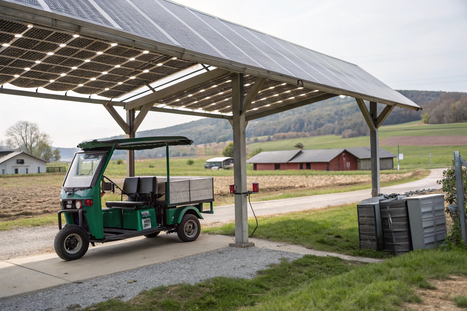 An electric tricycle is plugged into a charger that is visibly connected to solar panels mounted on the roof of a farm barn.