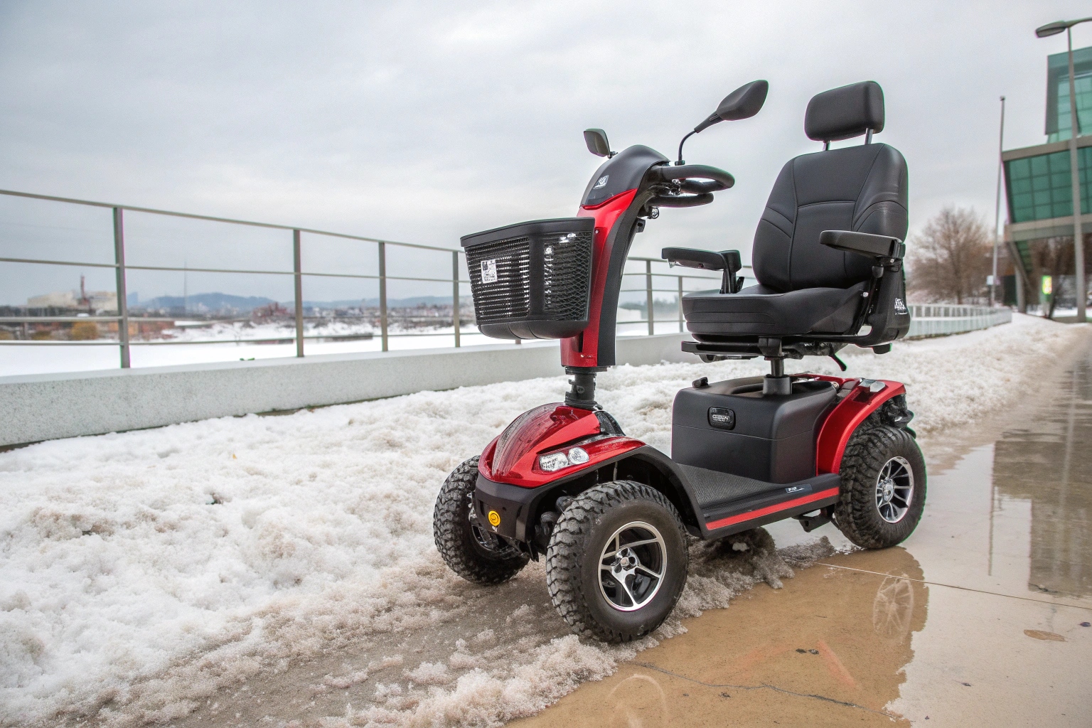a mobility scooter driving through a rainy street and another one in a snowy environment