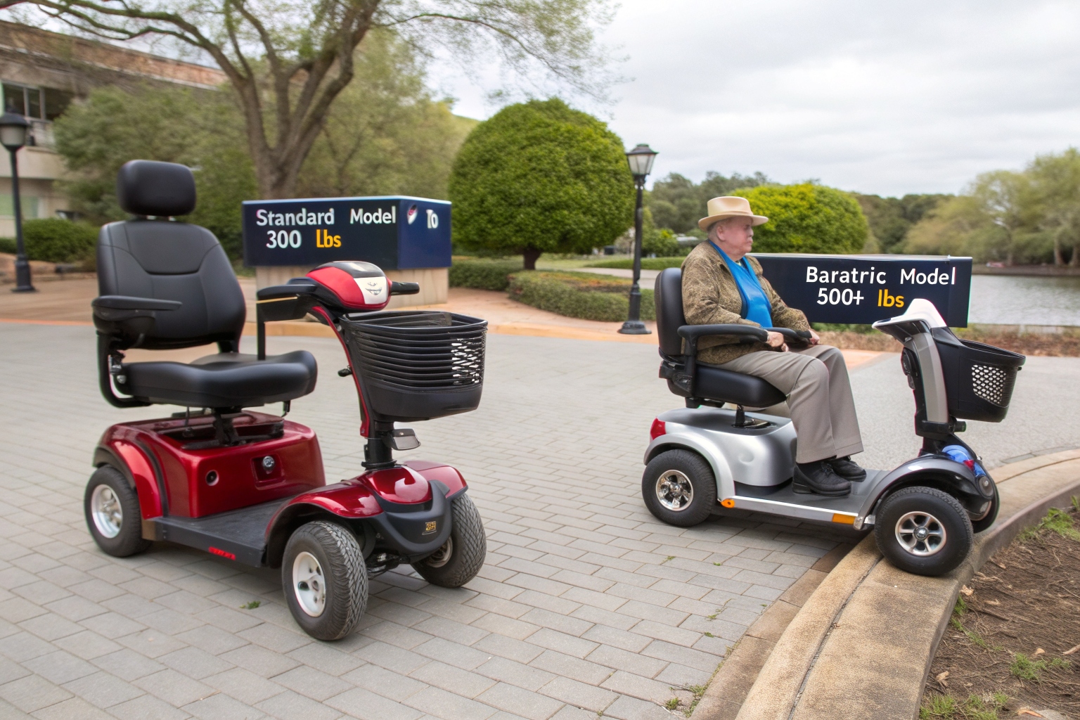 a montage of people from different cultures using mobility scooters of various sizes and colors