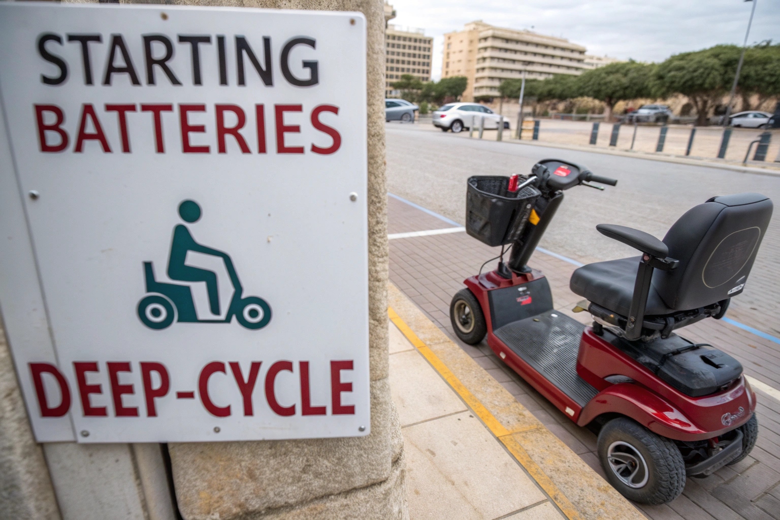 A deep-cycle battery next to a car battery with a large red X over the car battery