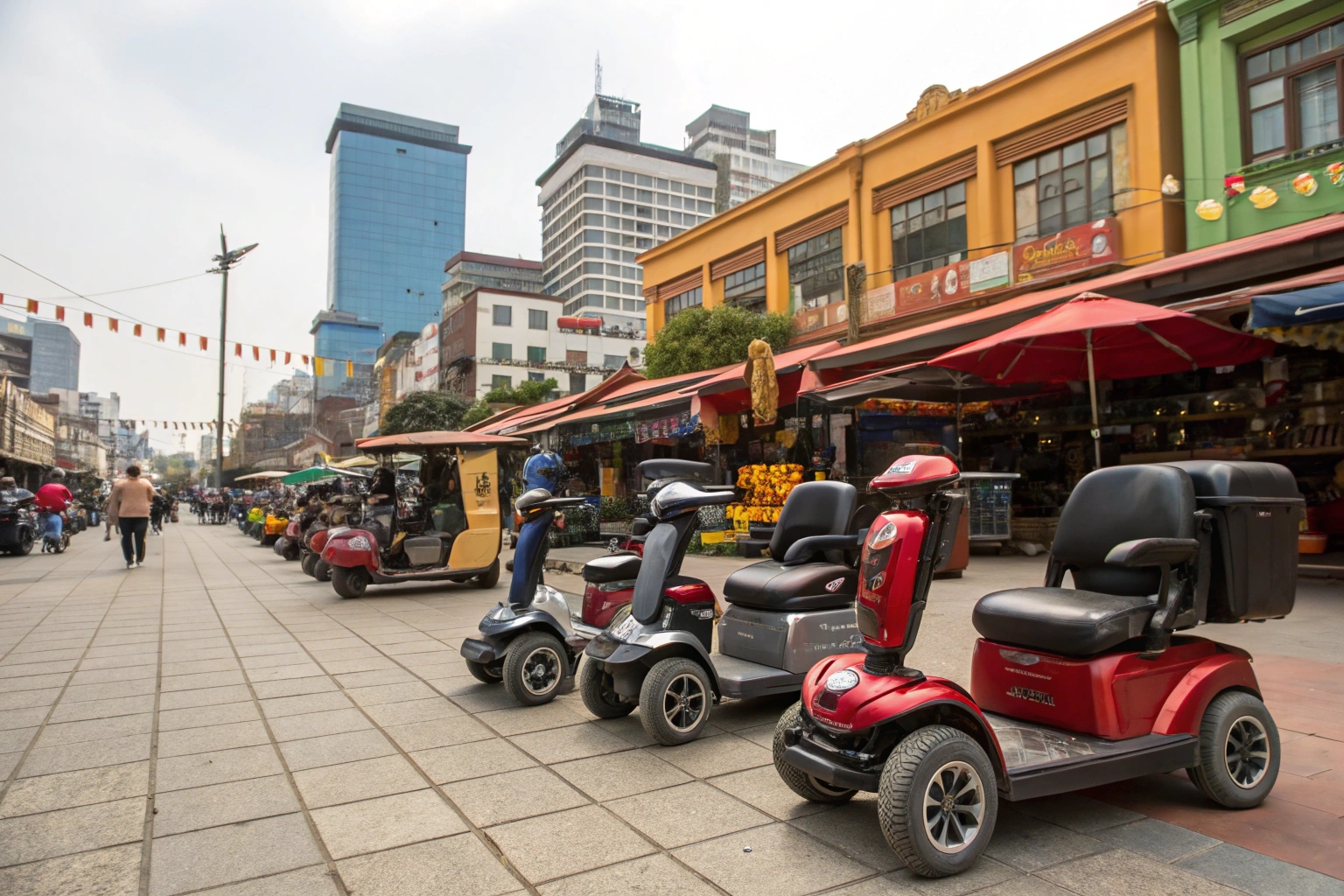 A split image showing a bustling street in Vietnam on one side and a scenic view of the Andes in Chile on the other, both with mobility scooters.