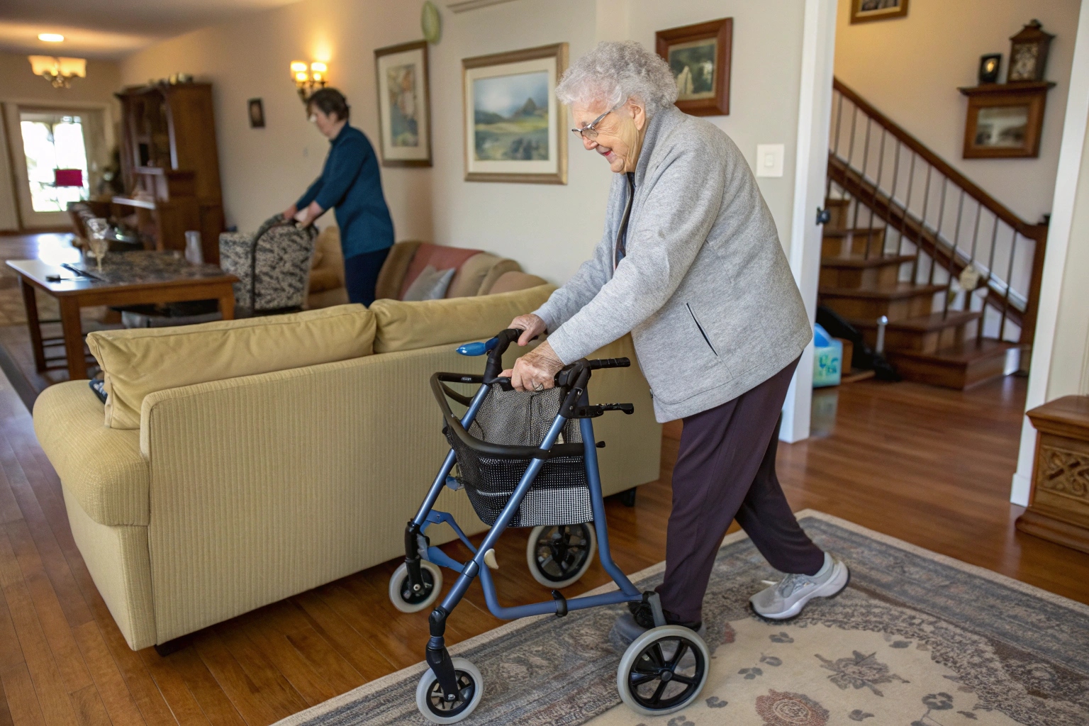 An elderly person smiling while using a scooter in a park, contrasted with another person easily navigating their kitchen in an electric wheelchair.