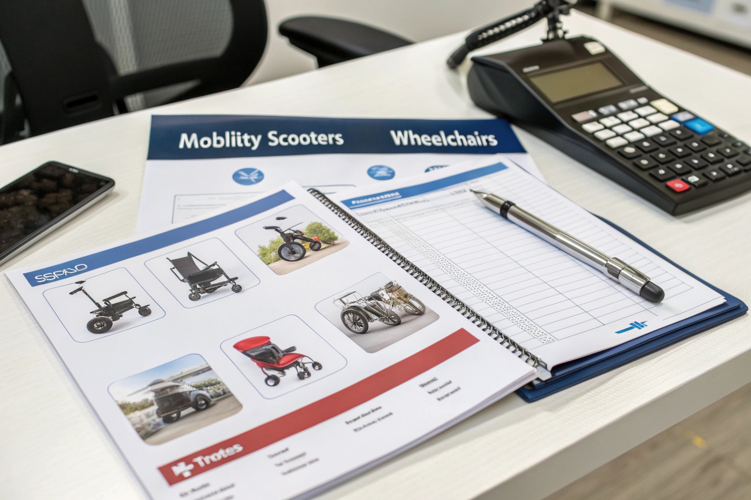 A customer using a tablet in a showroom to view a clear product comparison chart for mobility devices.