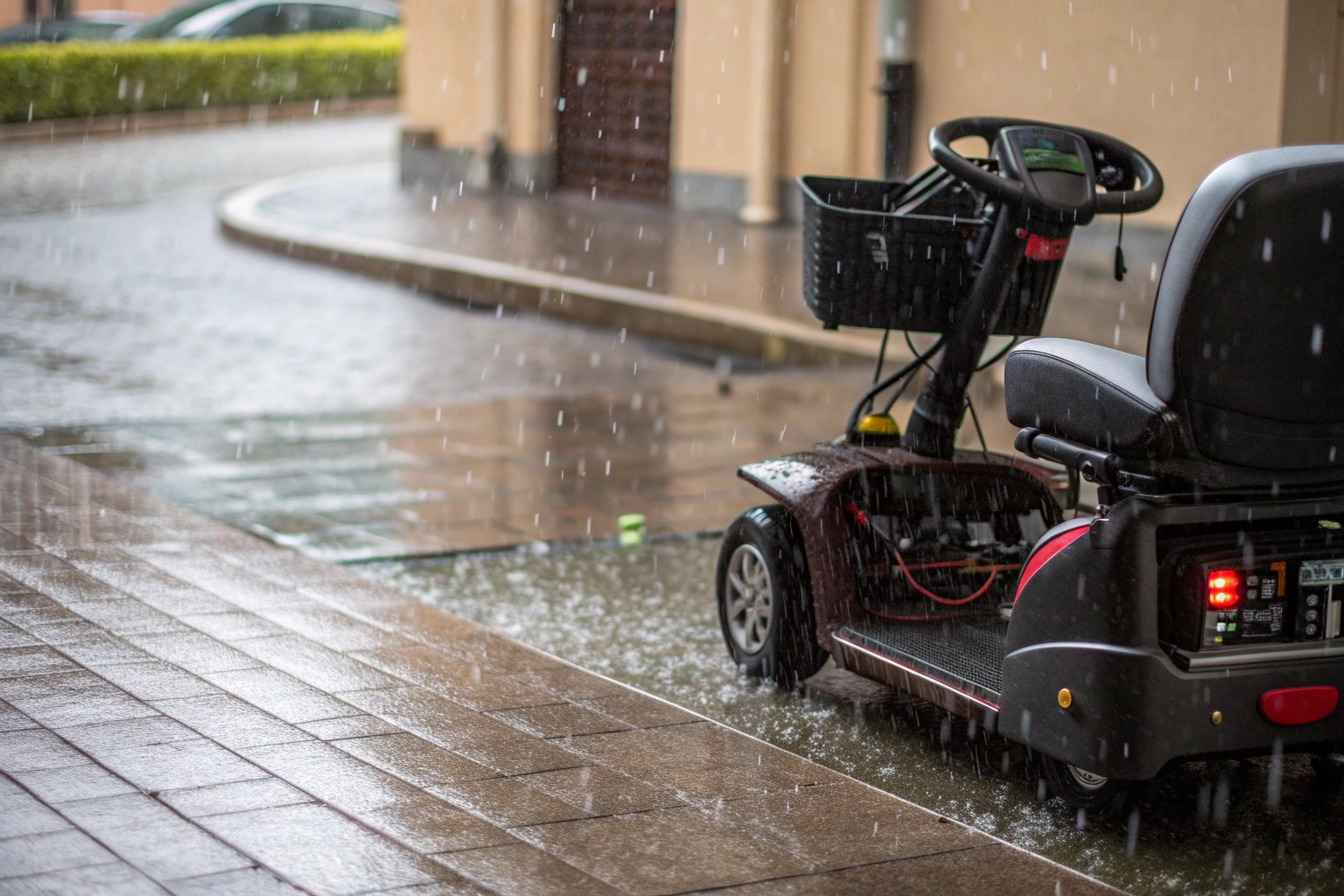 A close-up of water droplets beading on a scooter's electronic tiller dashboard.