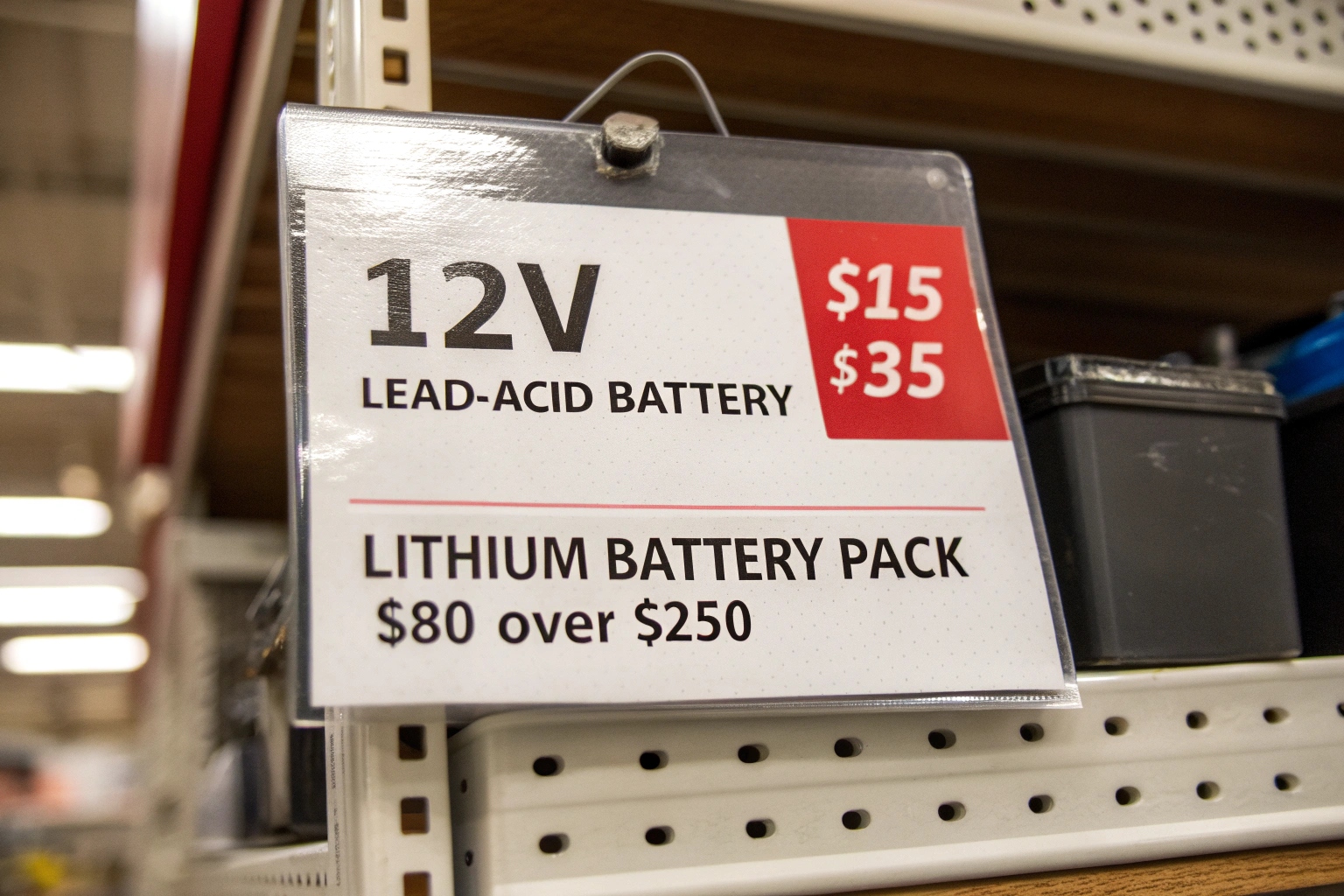 A pallet of boxed lead-acid batteries next to a pallet of lithium batteries in a factory