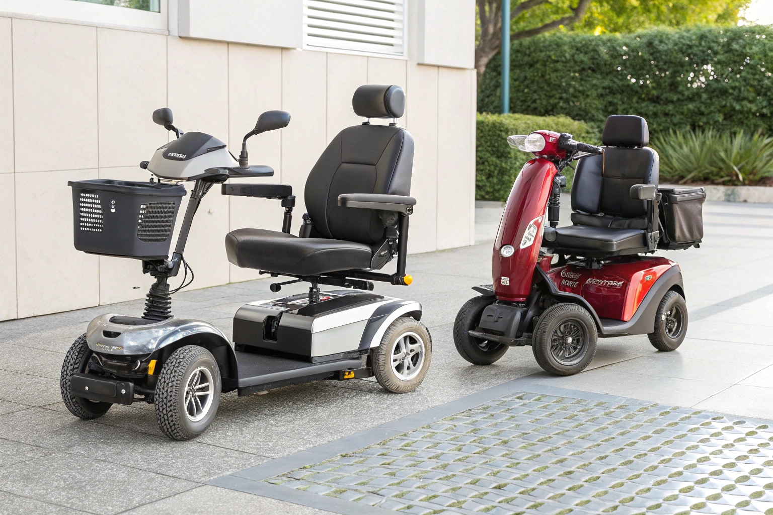 A side-by-side comparison of a mobility scooter and an electric wheelchair with a question mark between them.