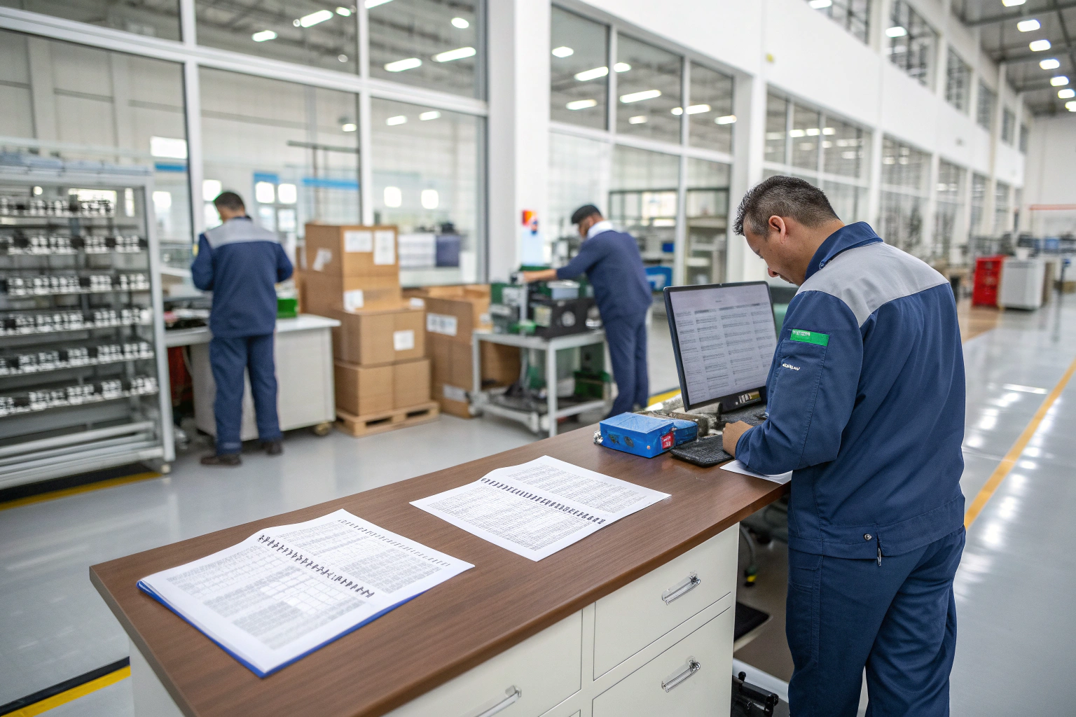 A factory worker inspecting the frame of a mobility scooter on an assembly line.