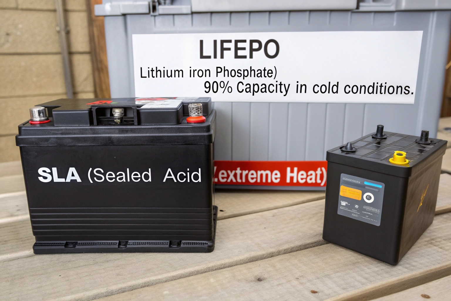 a LiFePO₄ battery pack next to a traditional SLA battery with a temperature gauge in the background