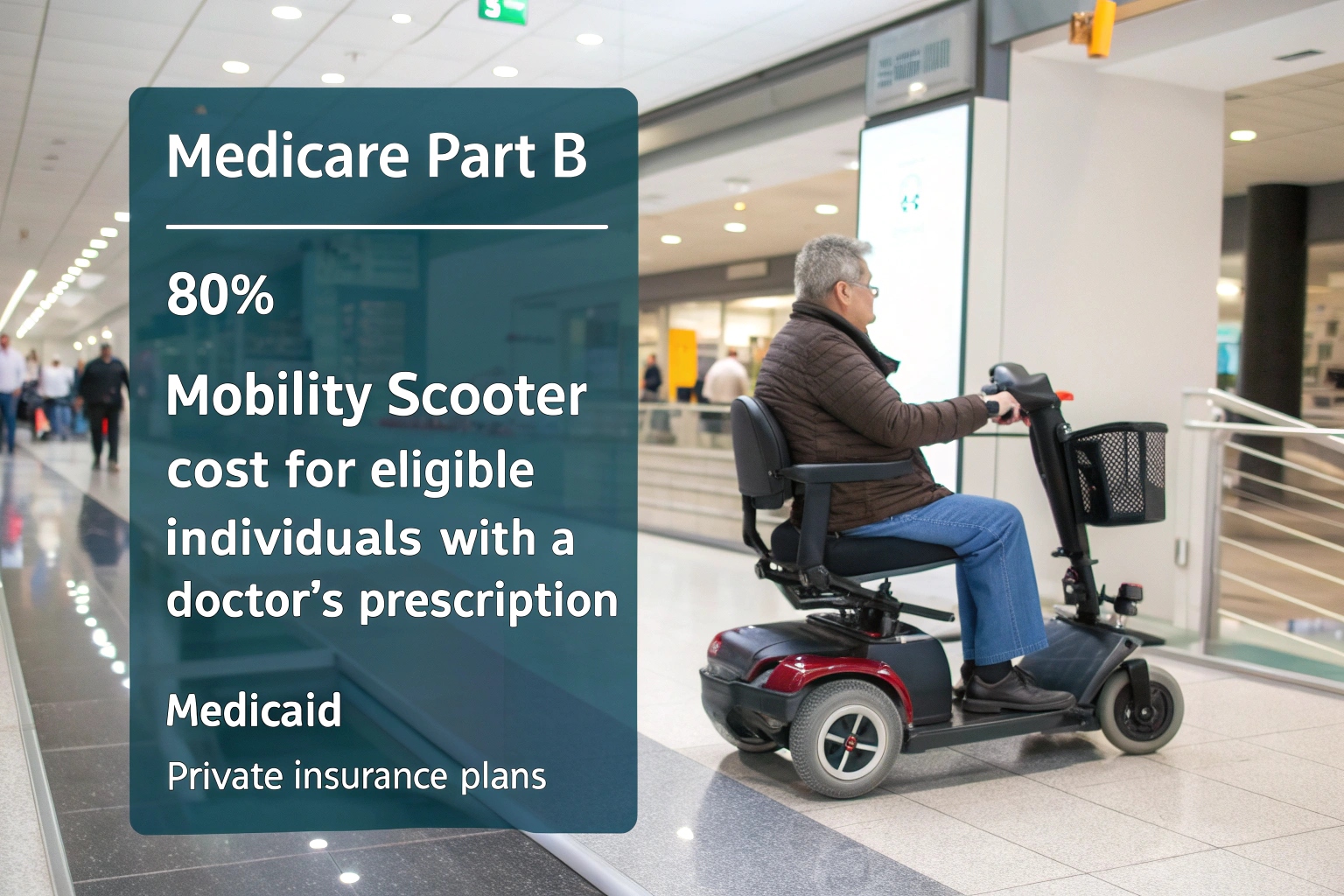 An illustration of a doctor handing a prescription to a patient who then gets a mobility scooter with a Medicare logo