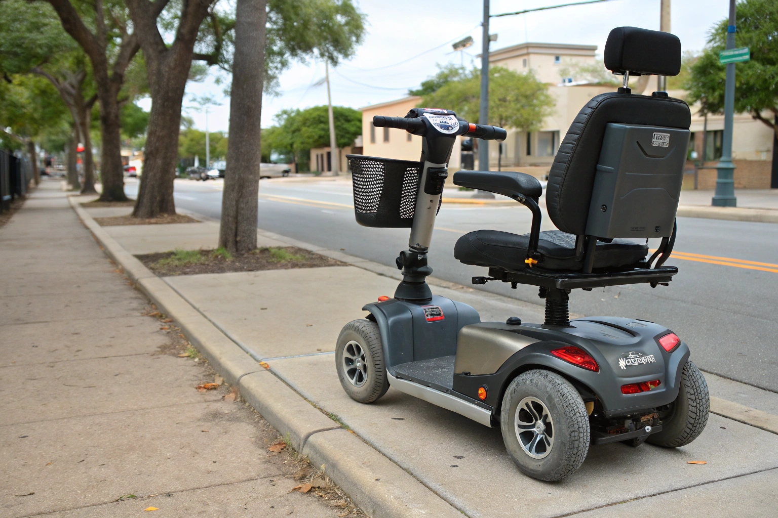 A mobility scooter moving along a sidewalk with a speedometer graphic overlaid