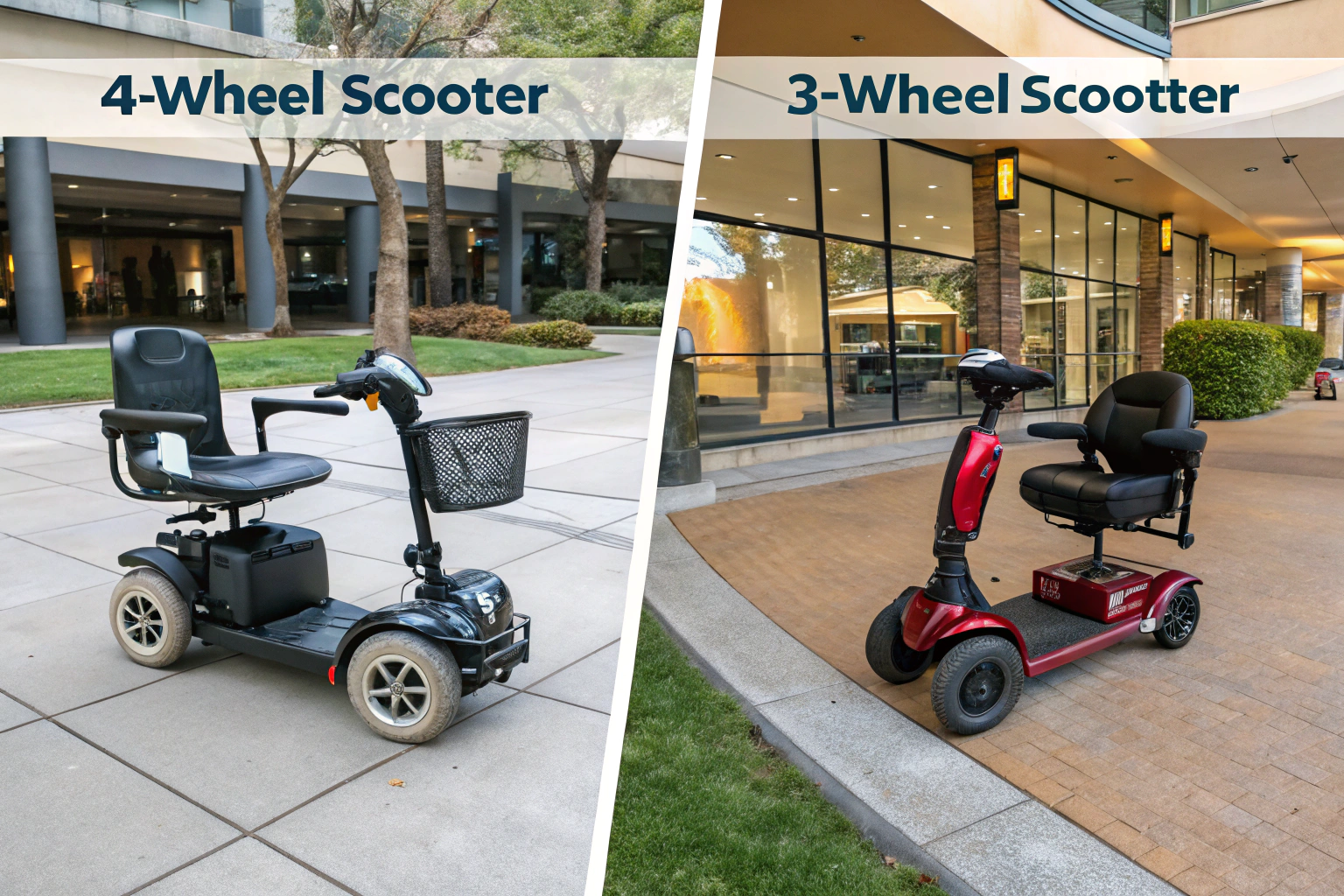 A 4-wheel mobility scooter navigating a park path