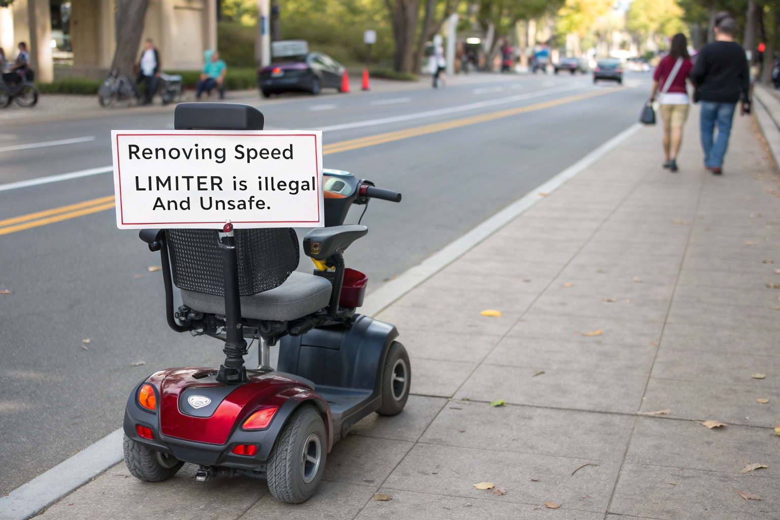 A scooter with a large "ILLEGAL" stamp over it, showing a person tipping over