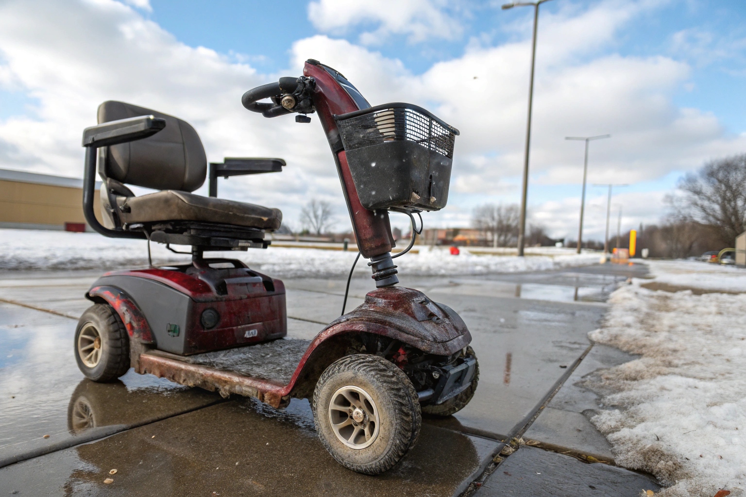 A mobility scooter parked outside with a question mark over it, surrounded by icons for sun, rain, snow, and cold.