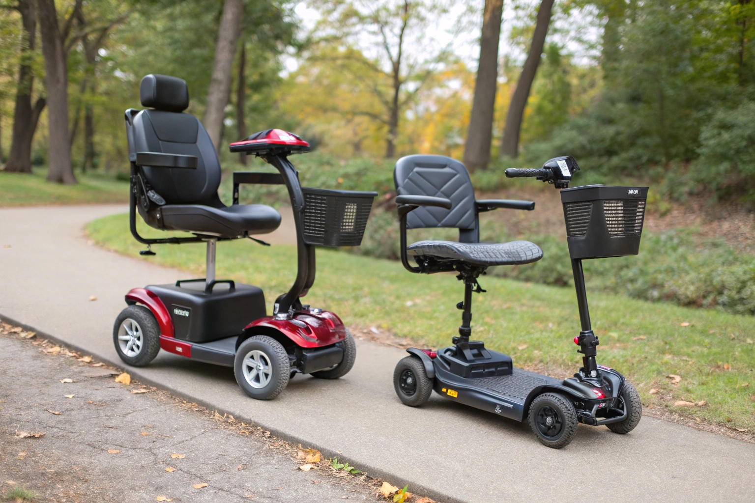 A side-by-side comparison of a small travel scooter and a larger, more rugged mobility scooter
