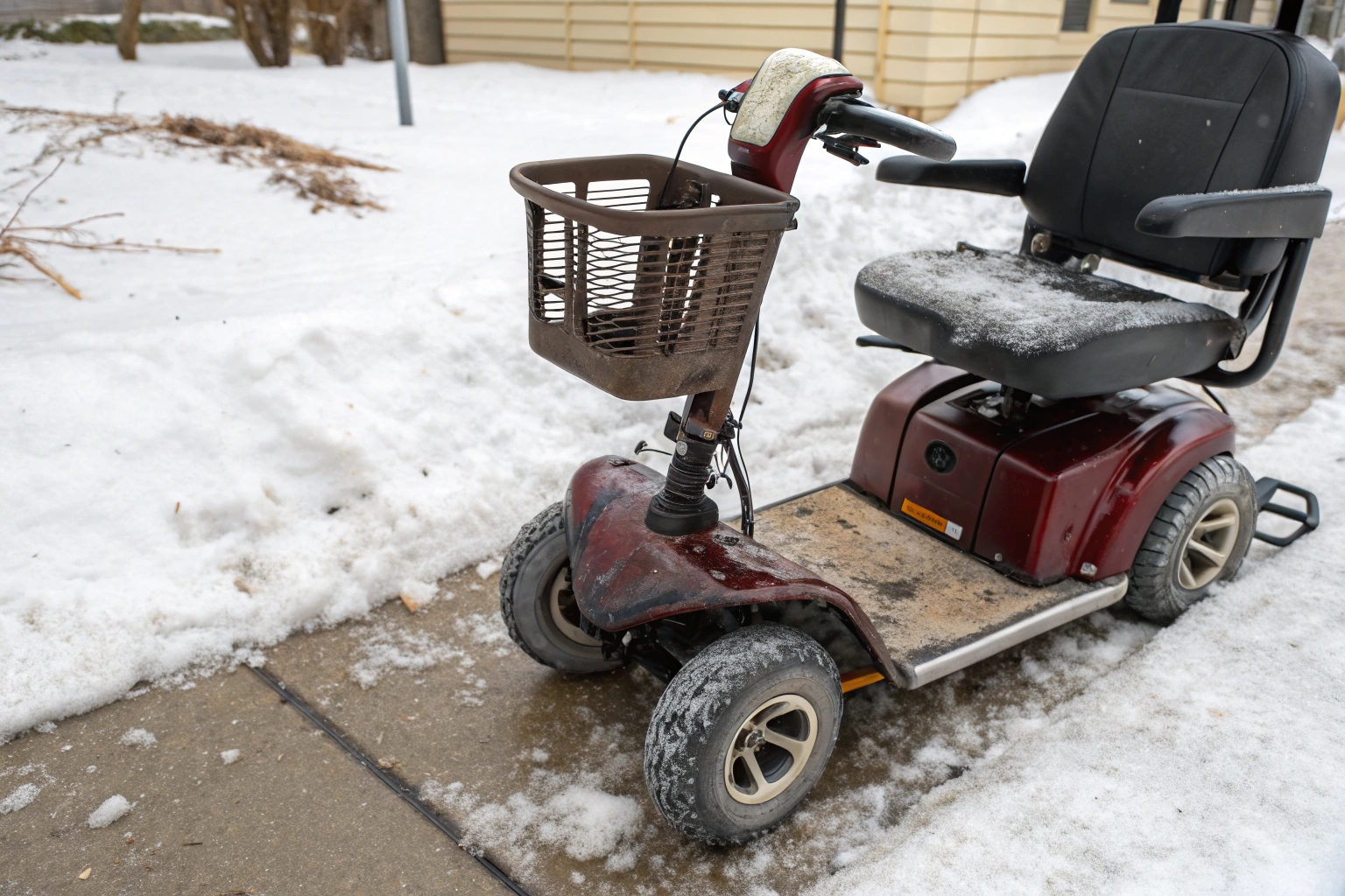 Close-up of a scooter wheel clogged with packed snow and ice.