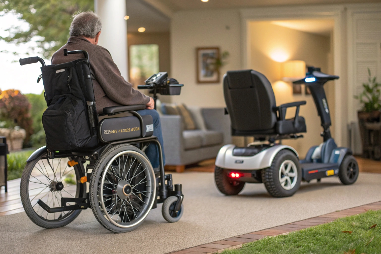 A split image showing a wheelchair making a tight turn in a narrow hallway and a scooter traveling down a long path in a park.