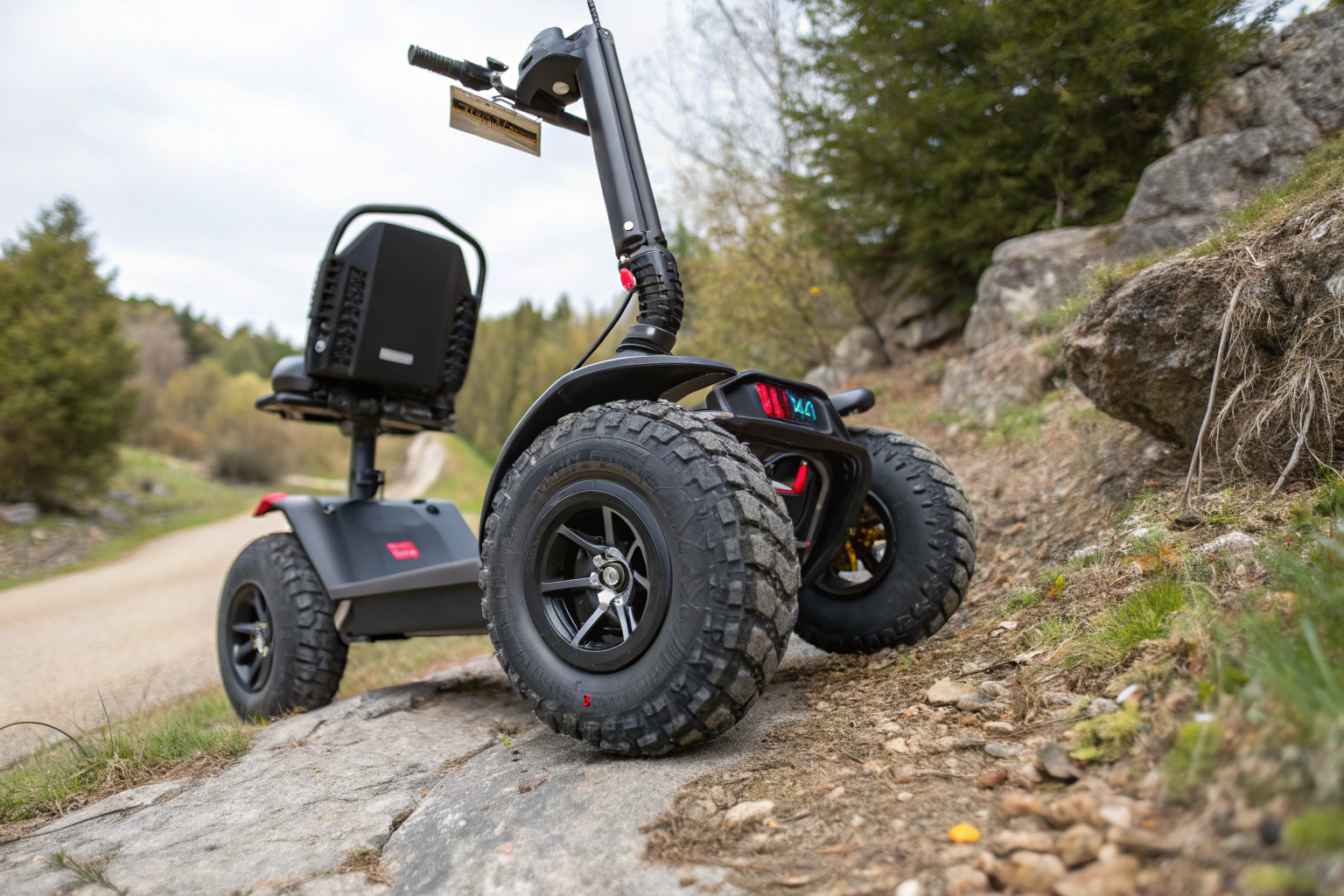 An all-terrain mobility scooter with large tires and visible suspension navigating a bumpy dirt trail.