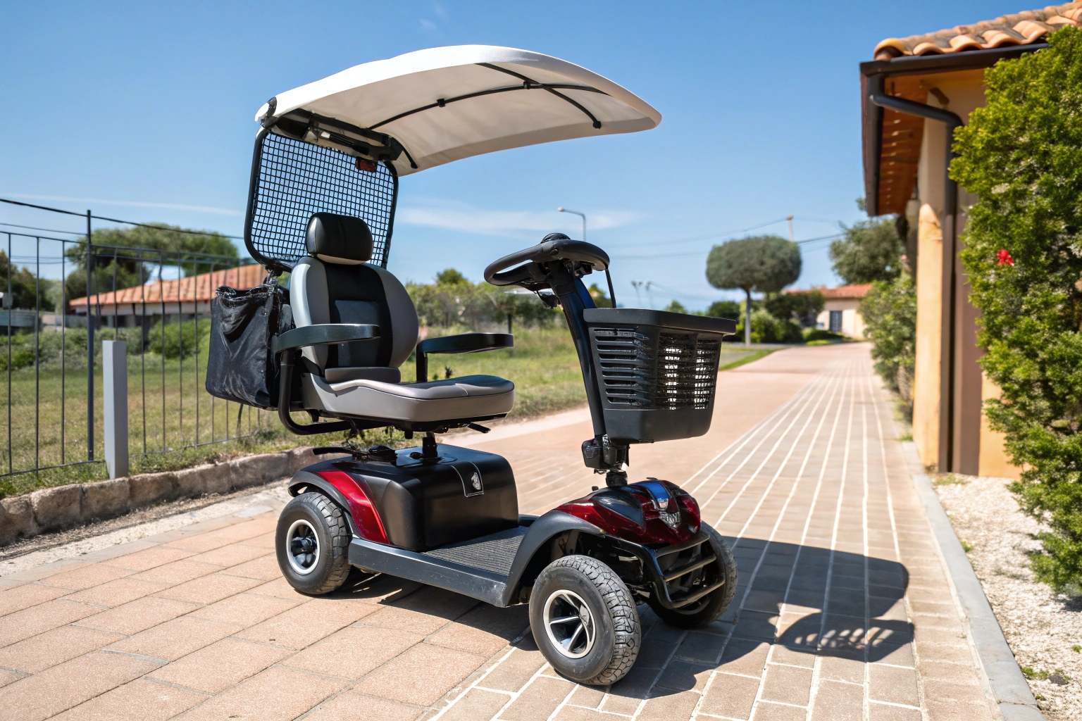 a mobility scooter with a sun canopy being used by an elderly person in a sunny, tropical location