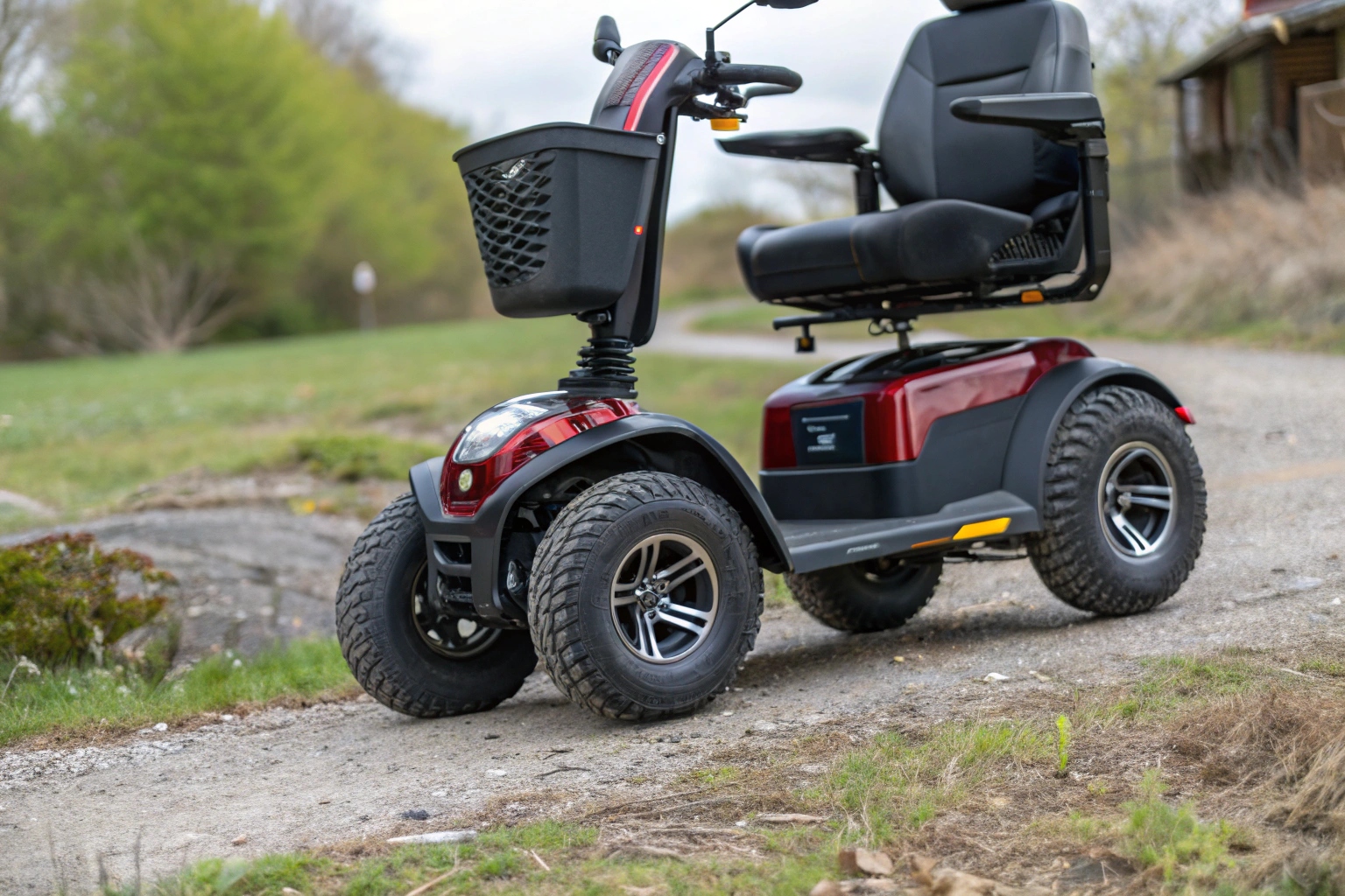 A sturdy outdoor mobility scooter parked on a gravel path with a scenic park in the background.