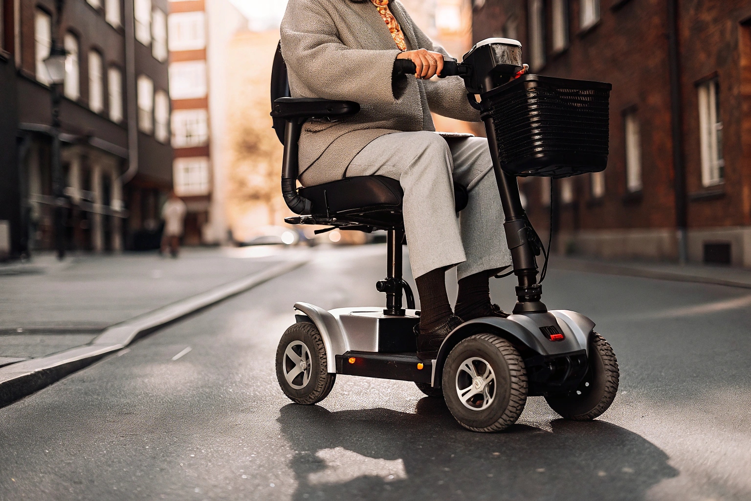 a close-up on a mobility scooter's control panel, foldable seat, and sturdy wheels