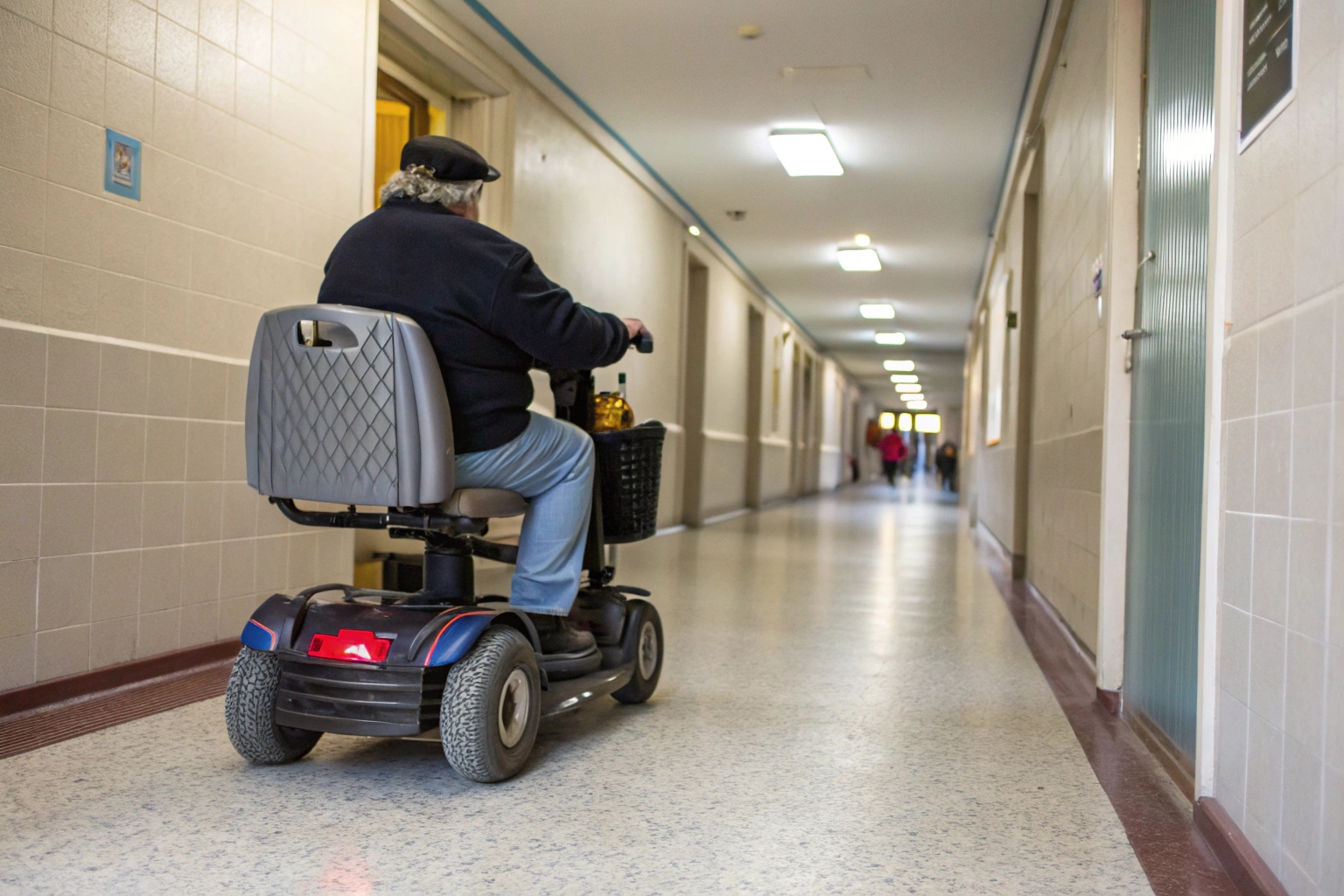 A mobility scooter struggling to turn in a narrow hallway