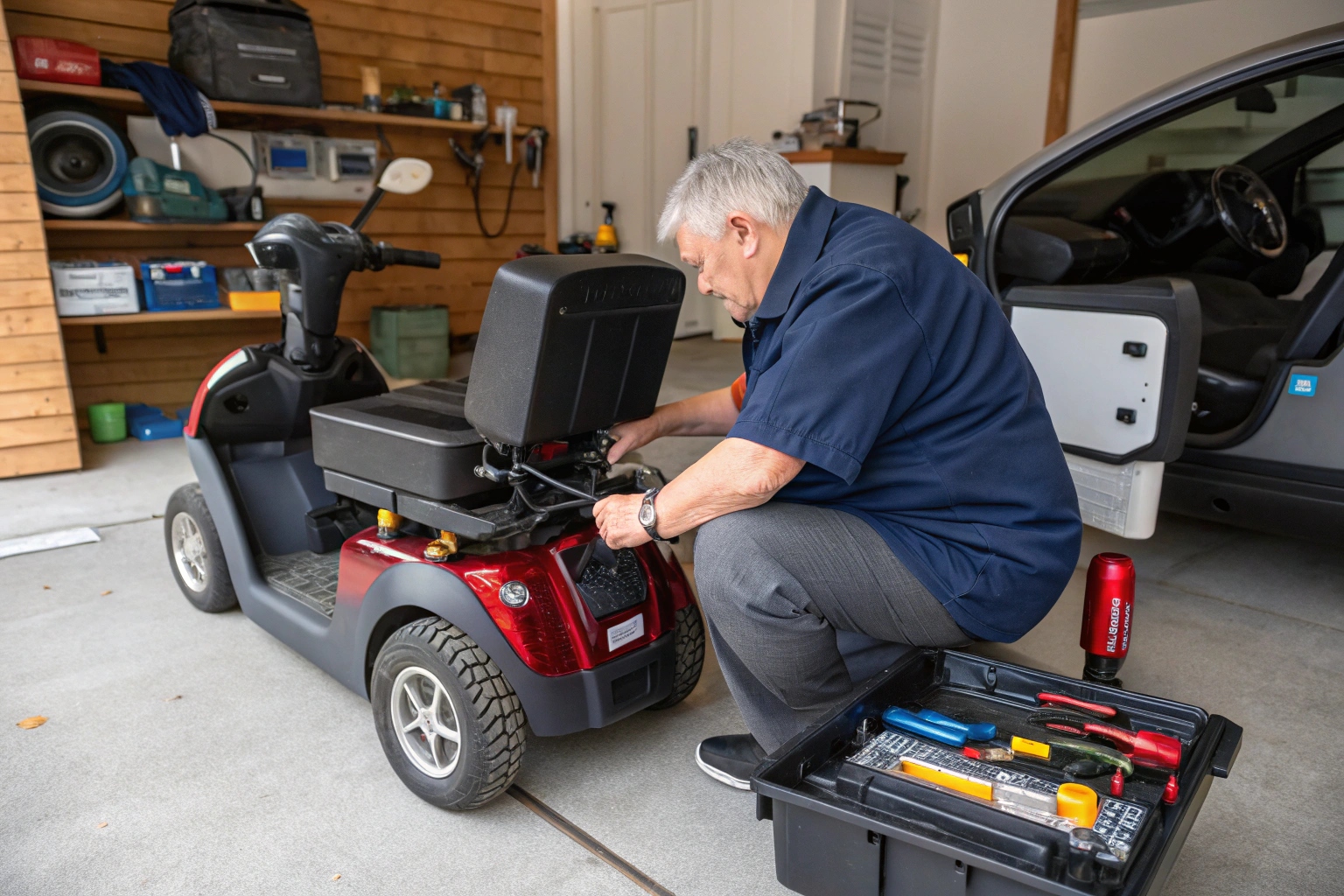 A person measuring a scooter's battery compartment with a tape measure
