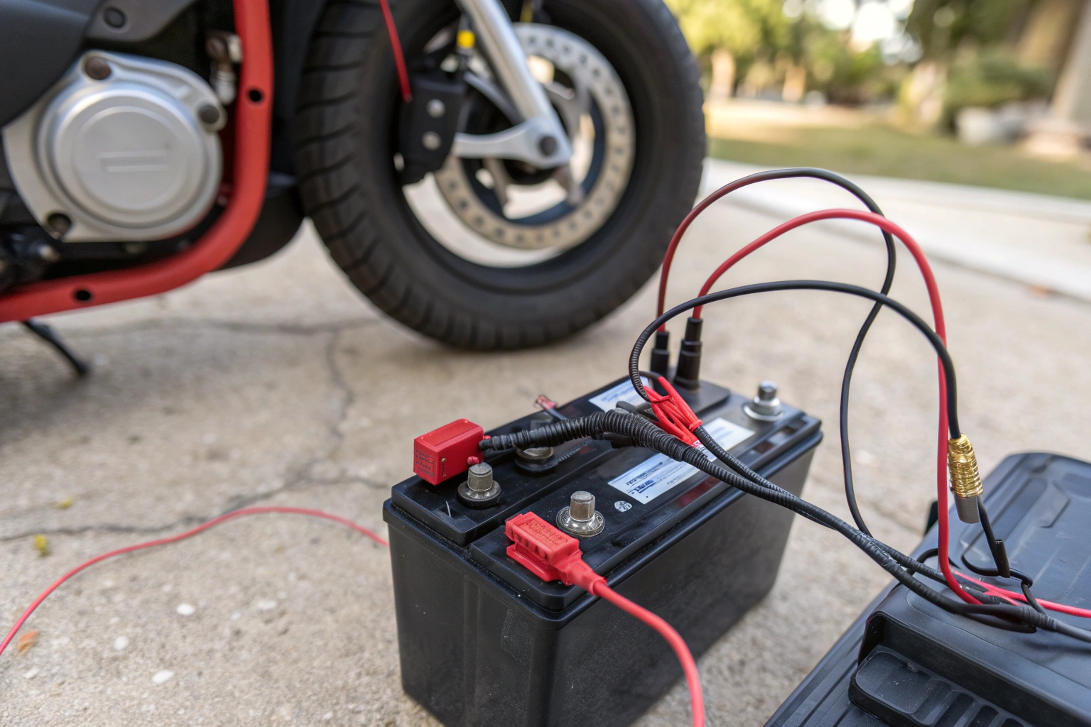 A warning sign showing a crossed-out icon of incorrectly connected battery terminals