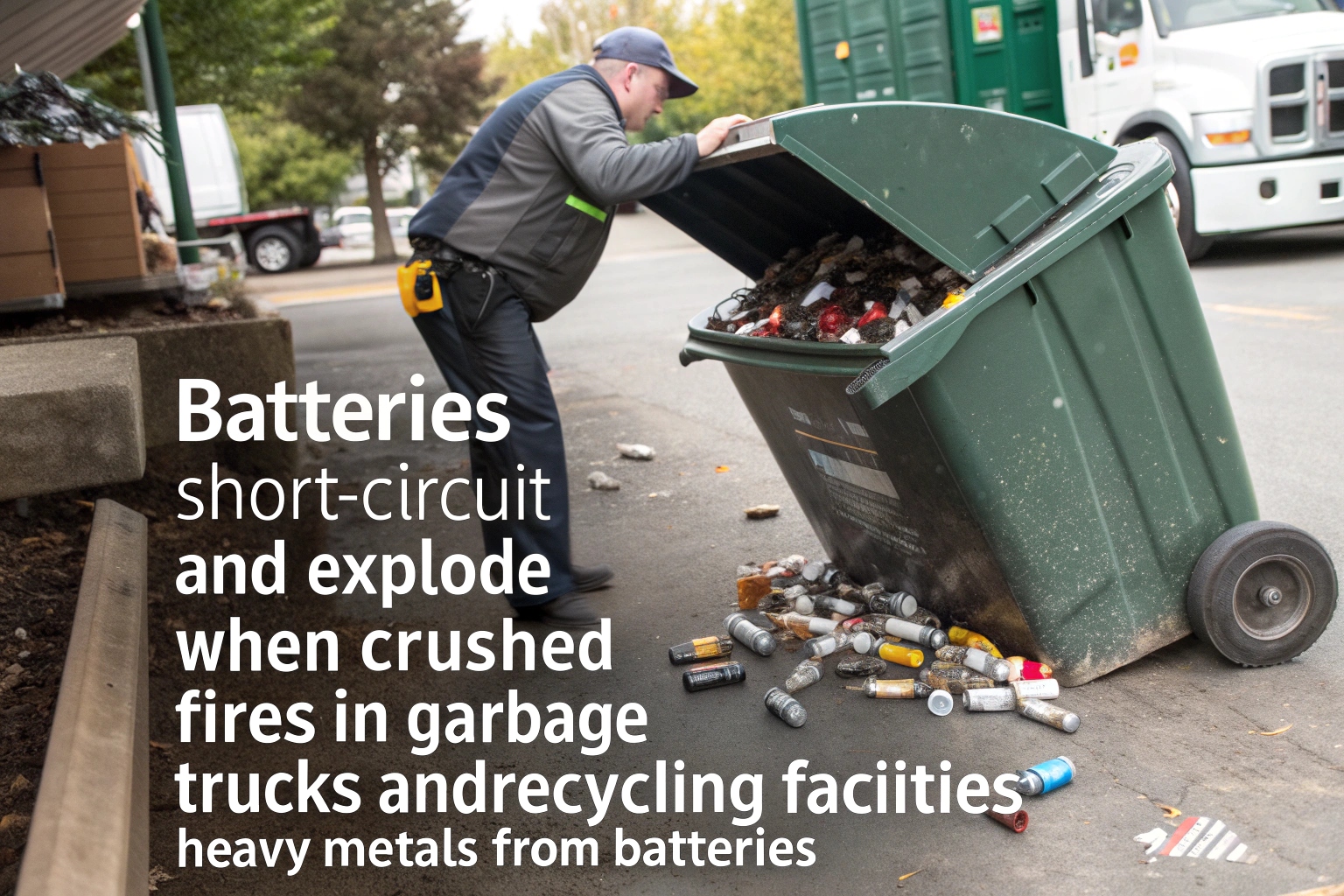 A garbage truck on fire, with a warning symbol for lithium batteries