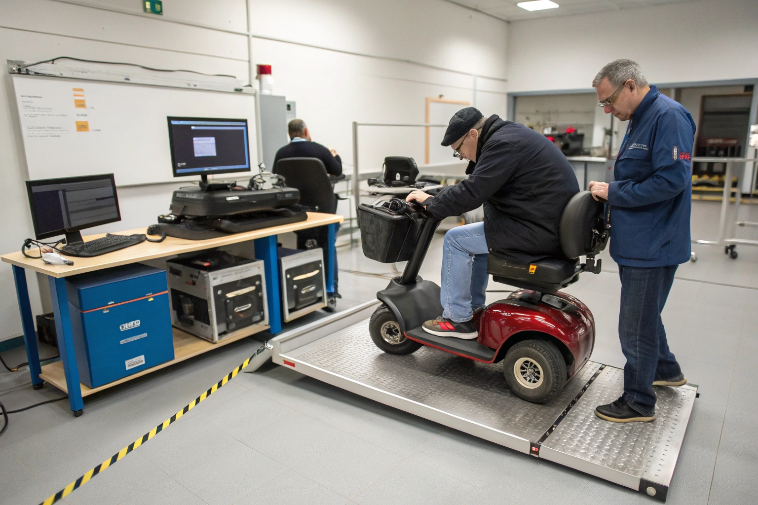 A mobility scooter undergoing stability testing on a tilted platform in a laboratory setting