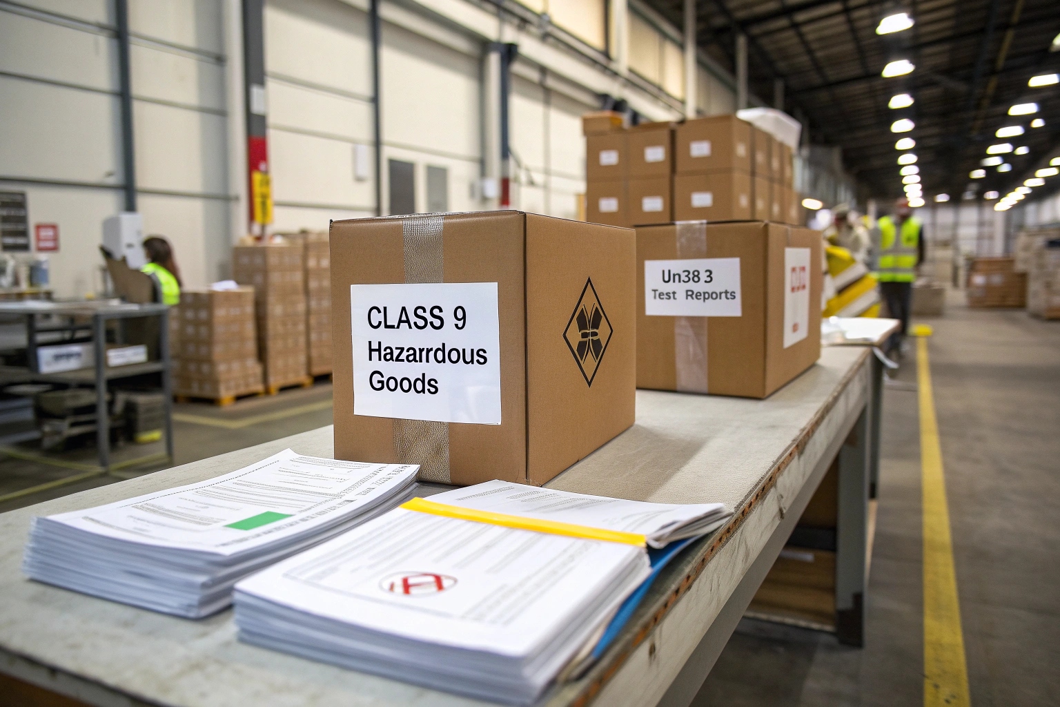 A shipping box with a UN3480 label and Class 9 hazardous material diamond sticker