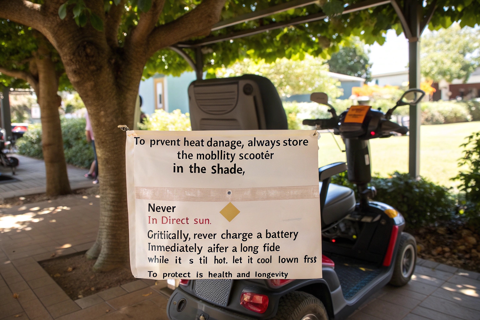 A mobility scooter parked neatly in a shaded garage, away from direct sunlight