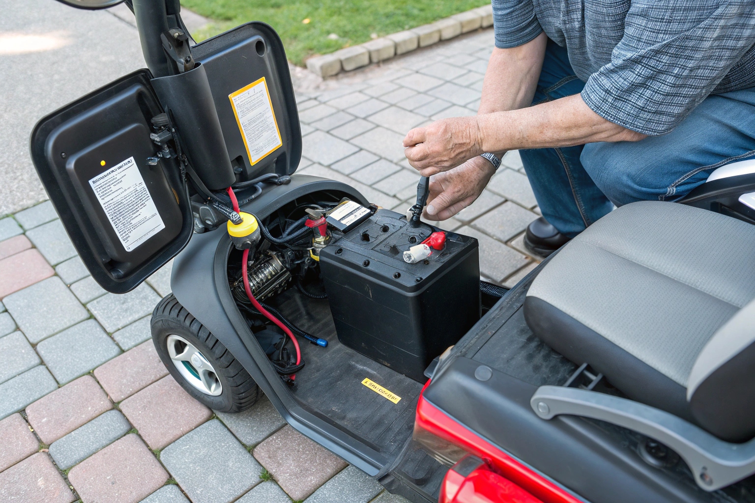 A person safely replacing batteries in a mobility scooter with tools nearby