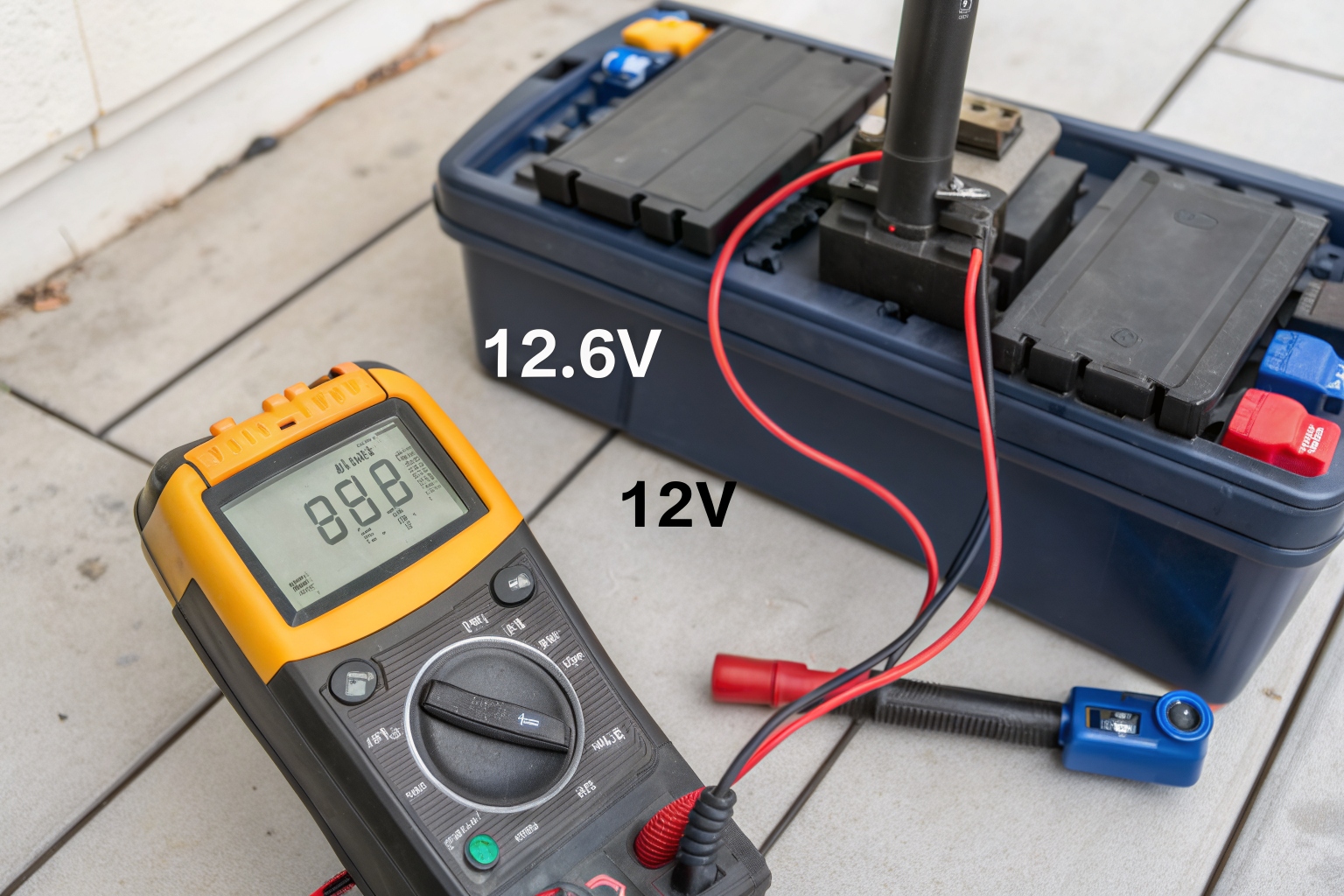 A detailed view of multimeter probes correctly placed on a 12V scooter battery