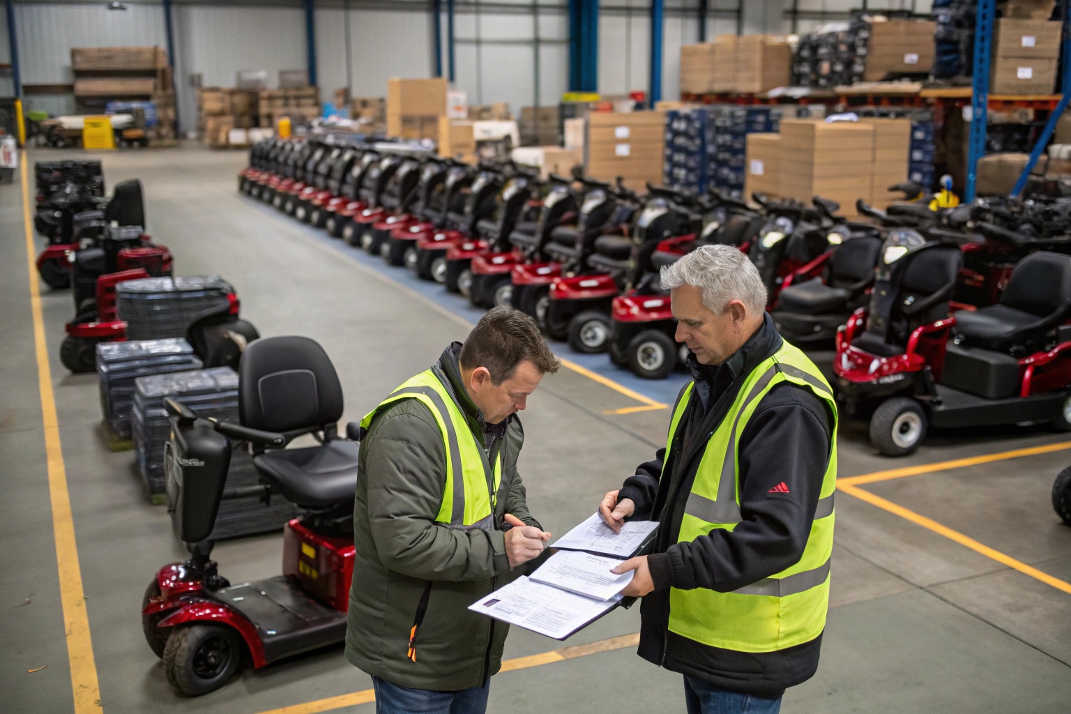 a warehouse full of mobility scooters ready for bulk shipping